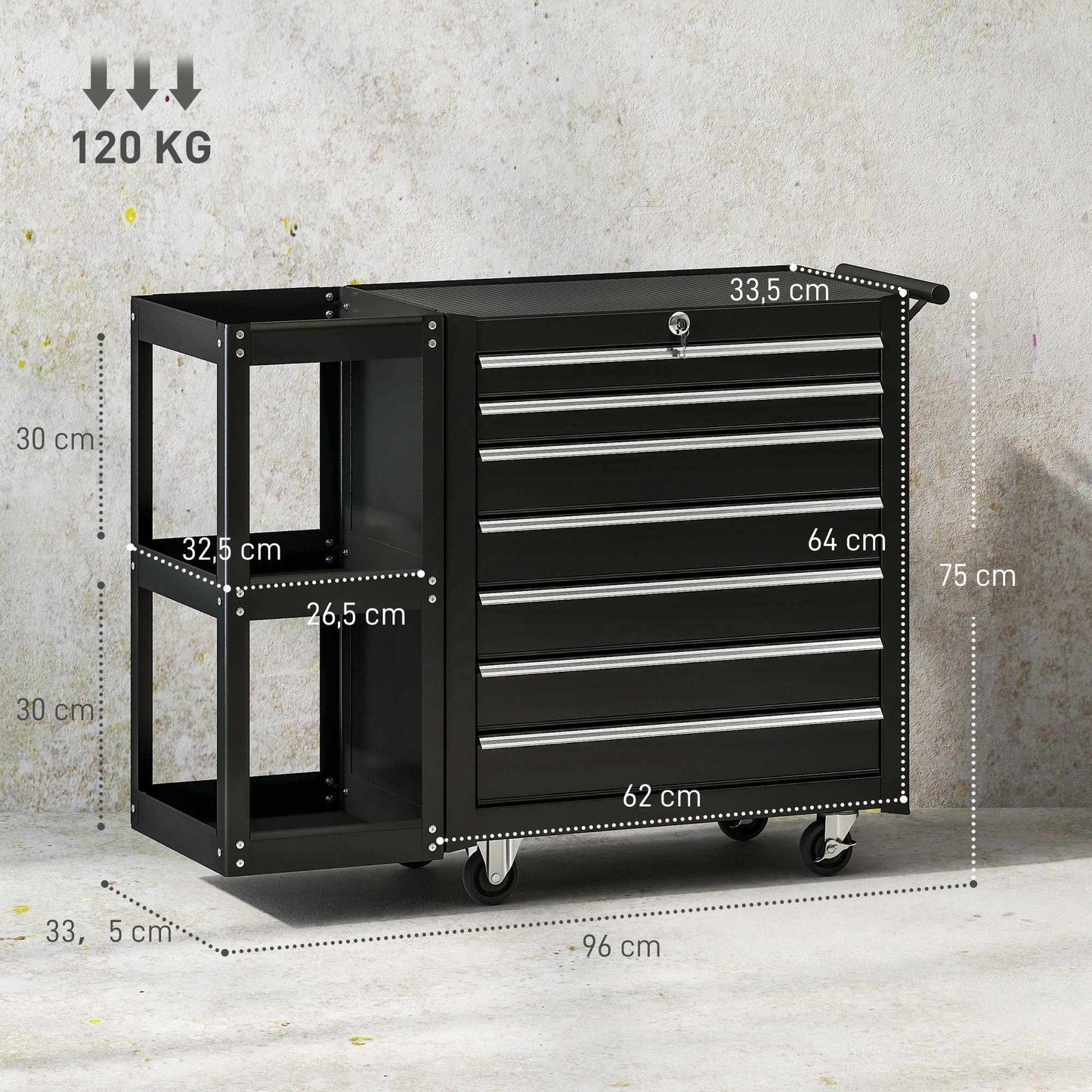 Tool Cart with 7 Drawers, 3-Tier Shelf, Steel, Black