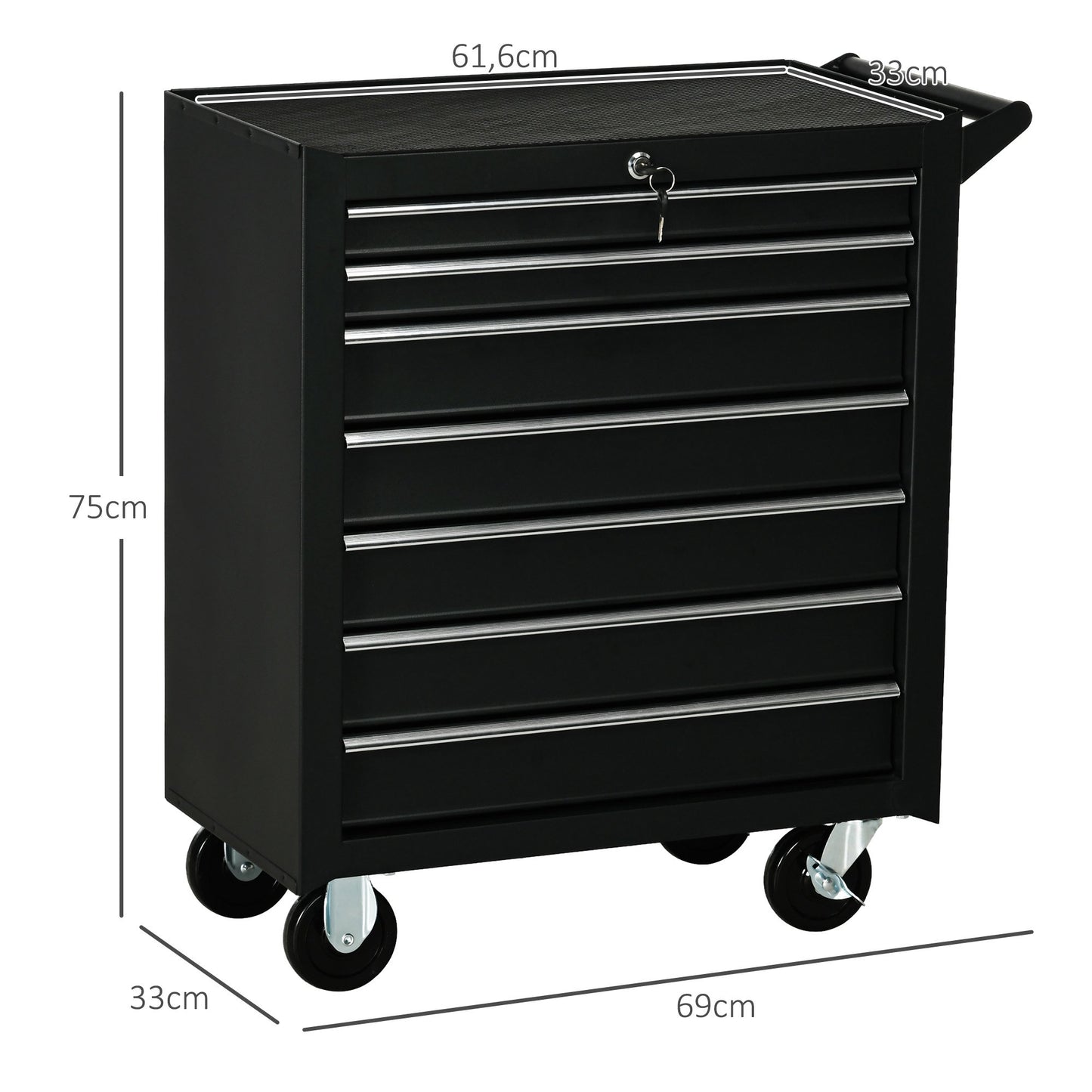 Tool Cart with 7 Drawers, Steel, Lockable, Black