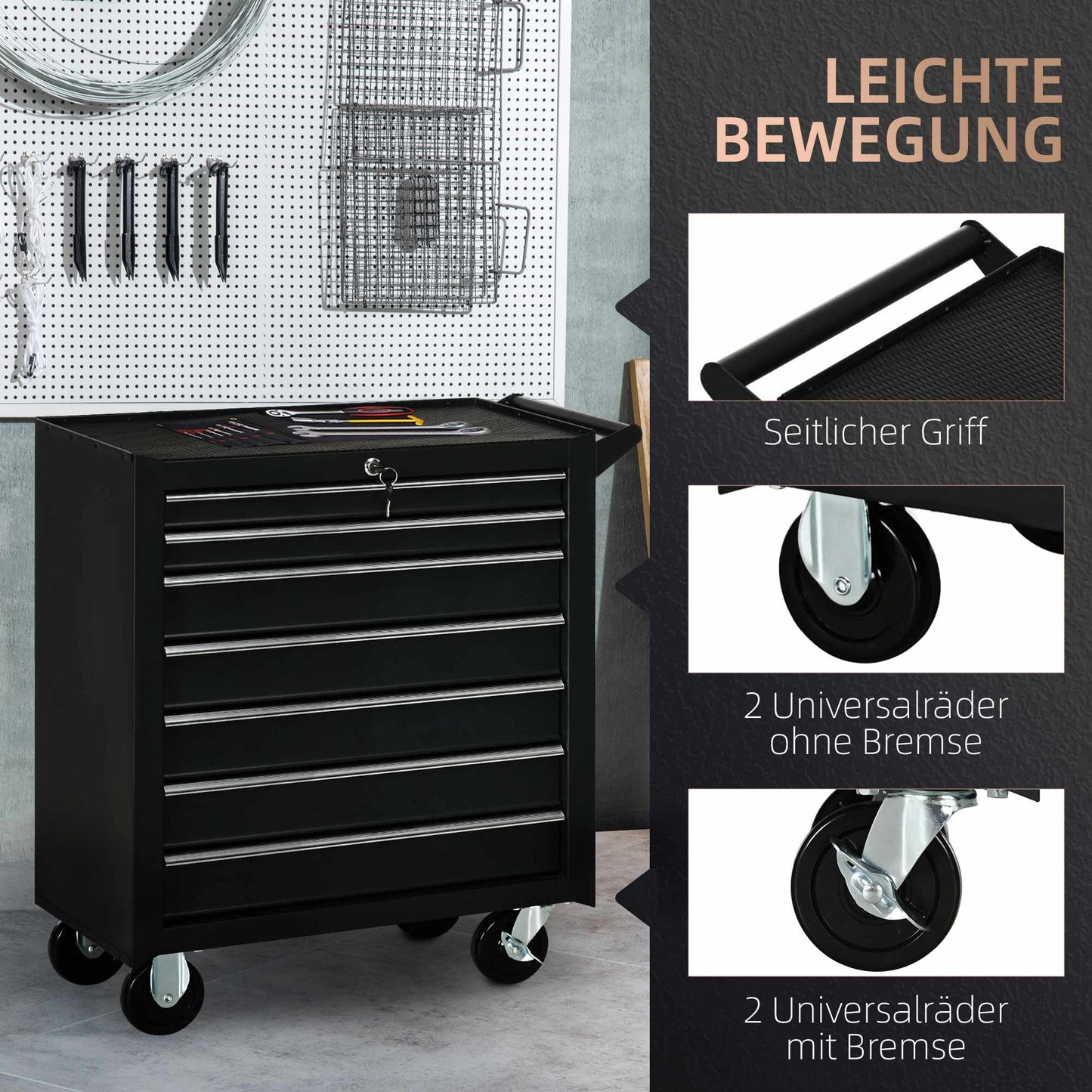 Tool Cart with 7 Drawers, Steel, Lockable, Black