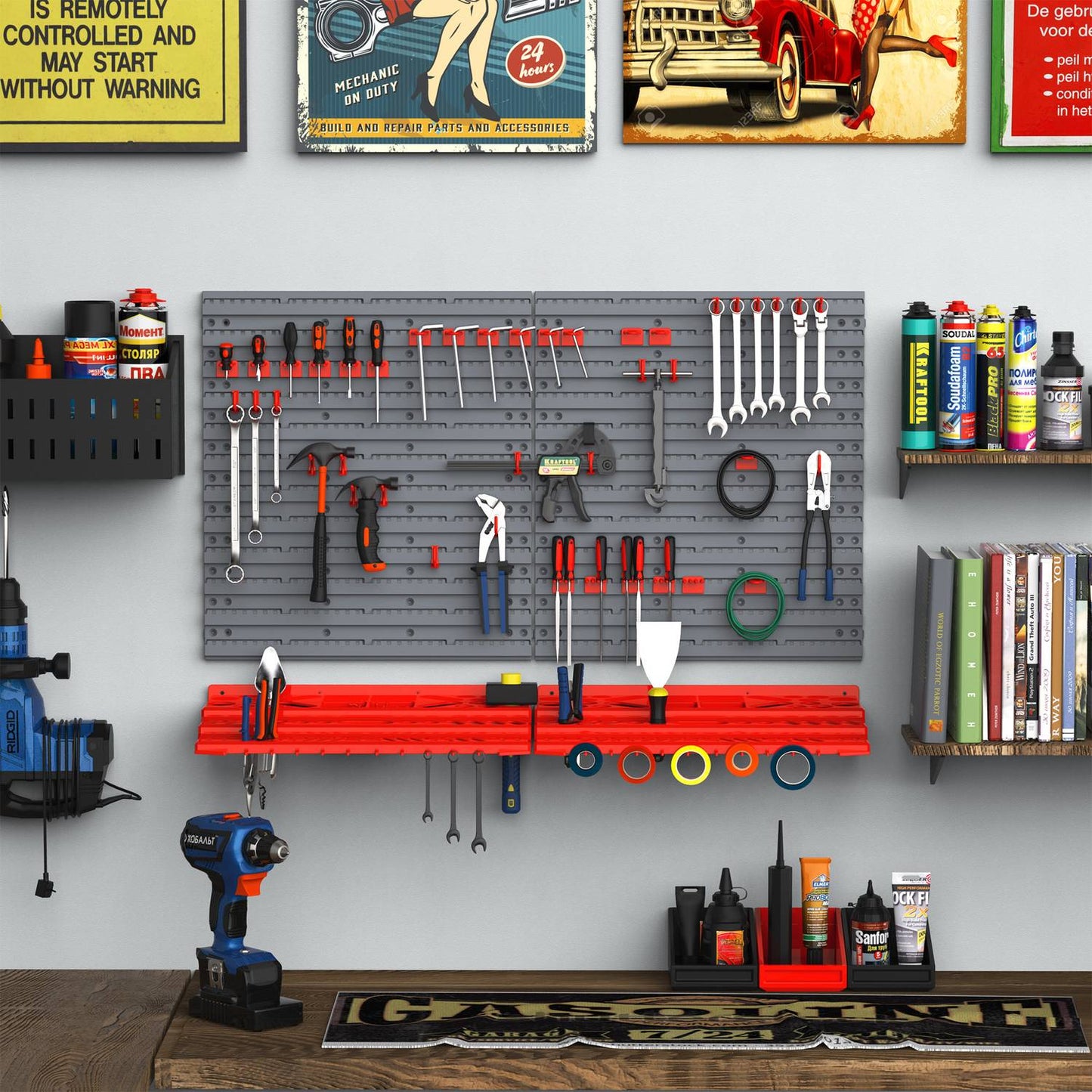 Tool holder for workshop, grey/red, 95.5X23X53.5 cm