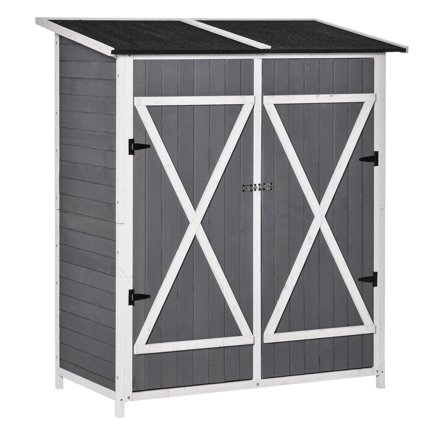 Garden tool shed, spruce, asphalt roof, 2 doors, gray and white