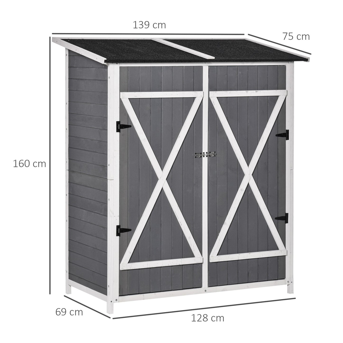 Garden tool shed, spruce, asphalt roof, 2 doors, gray and white