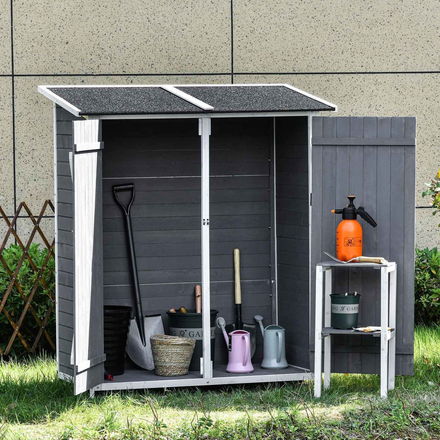 Garden tool shed, spruce, asphalt roof, 2 doors, gray and white