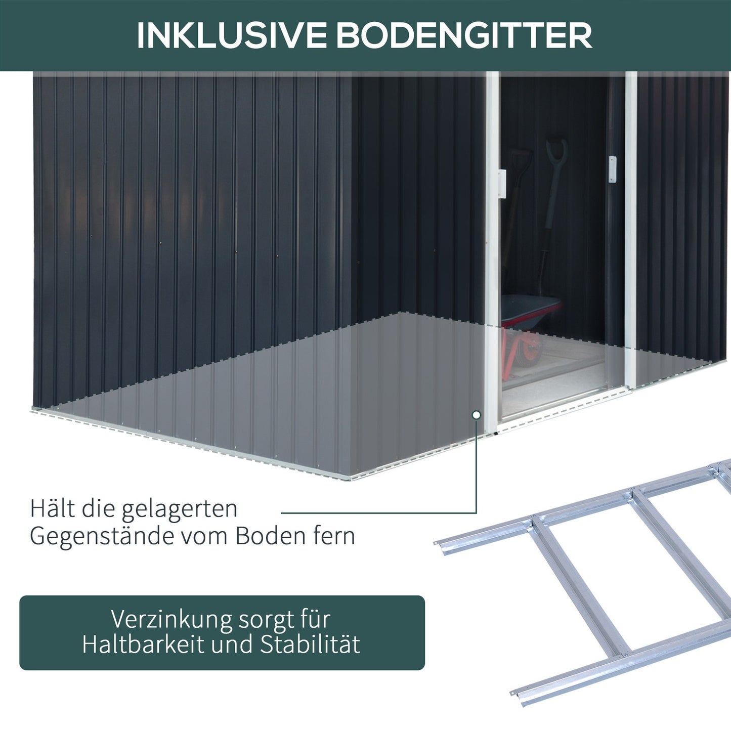 Garden shed in charcoal gray steel with floor and sliding doors