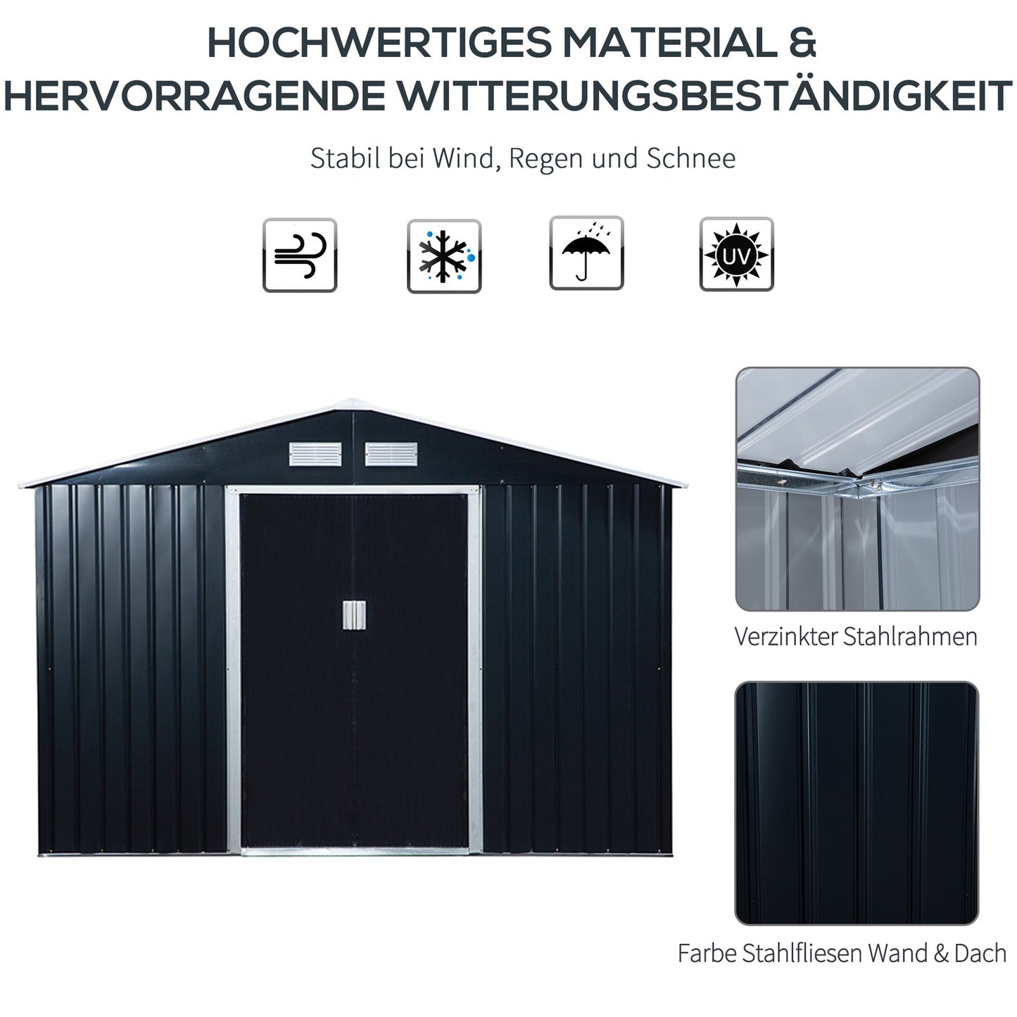 Garden shed in charcoal gray steel with floor and sliding doors