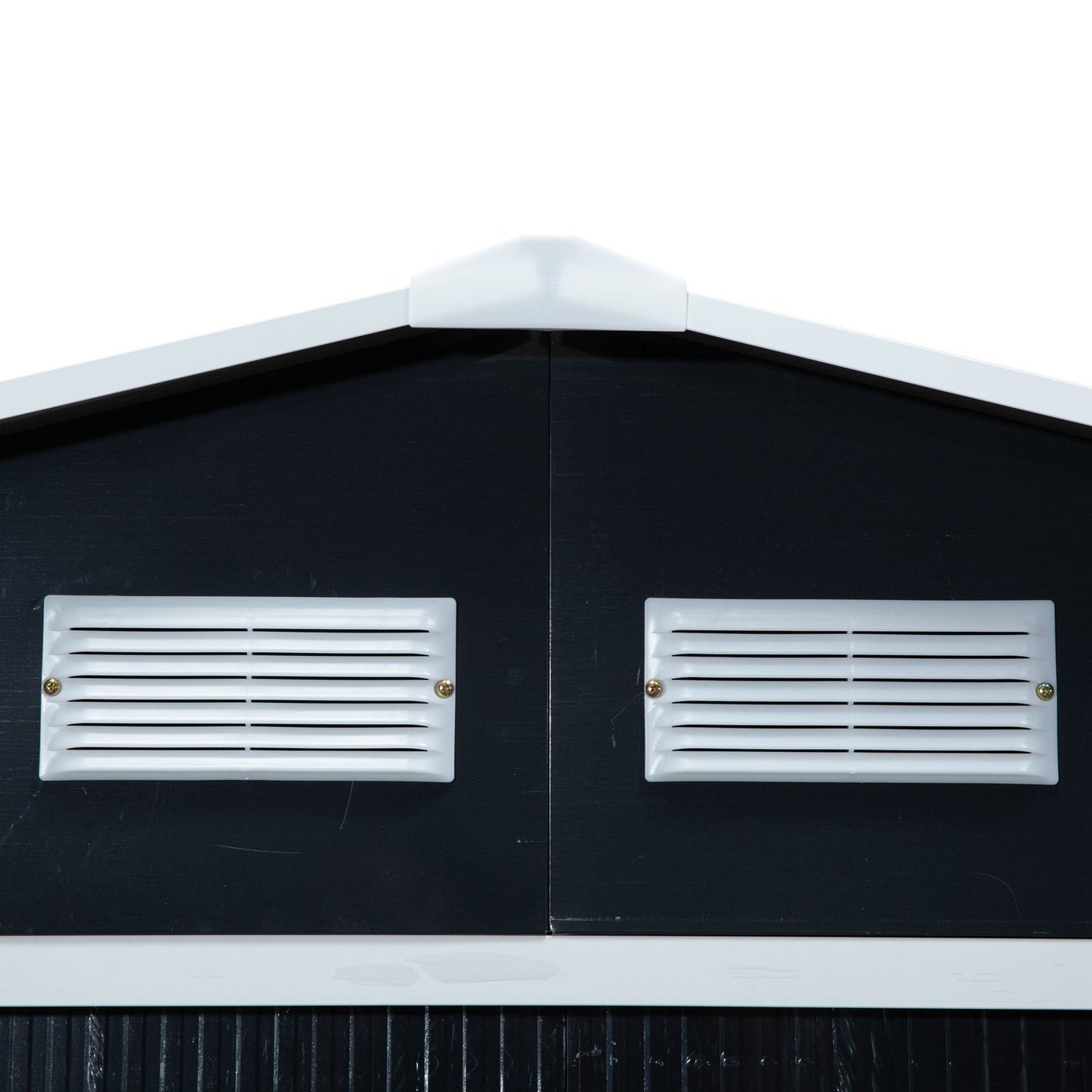Garden shed in charcoal gray steel with floor and sliding doors
