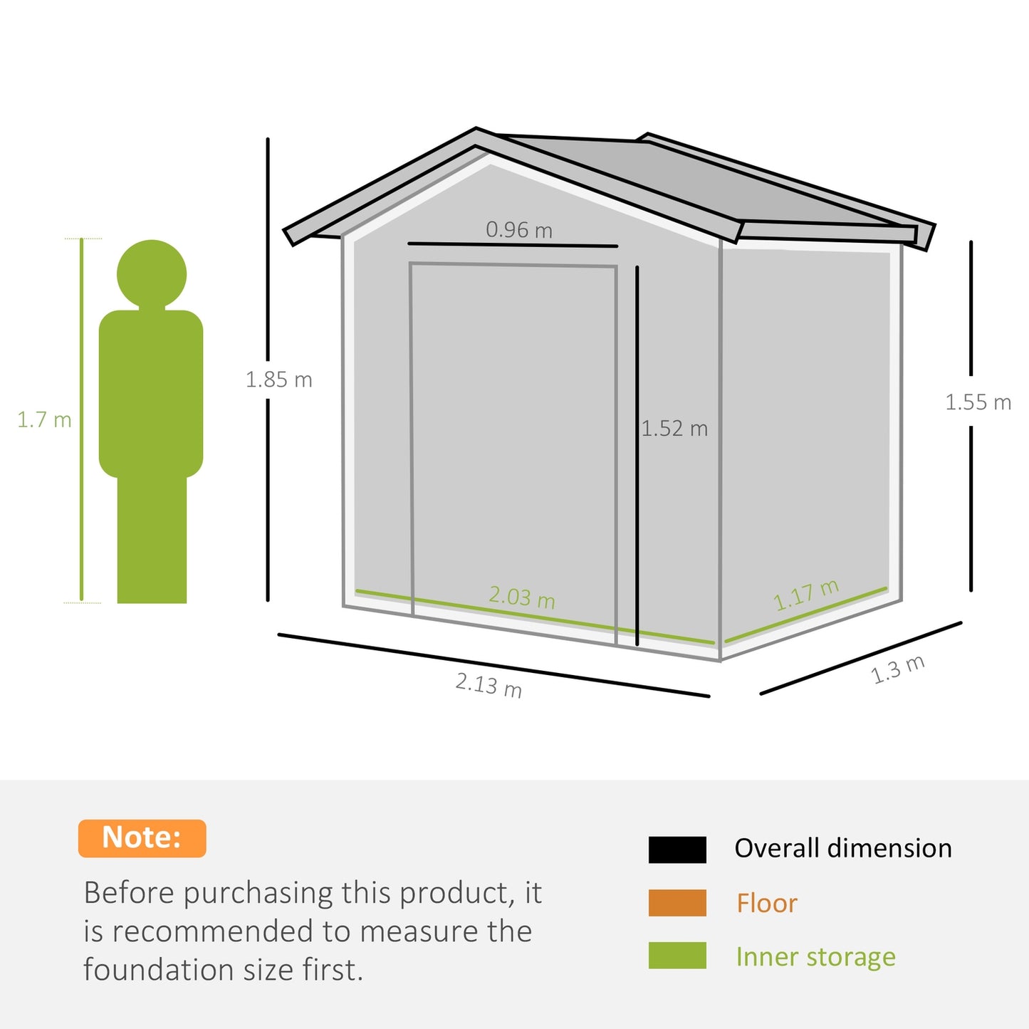 Steel tool shed with sliding doors and floor, 213x130x185 cm