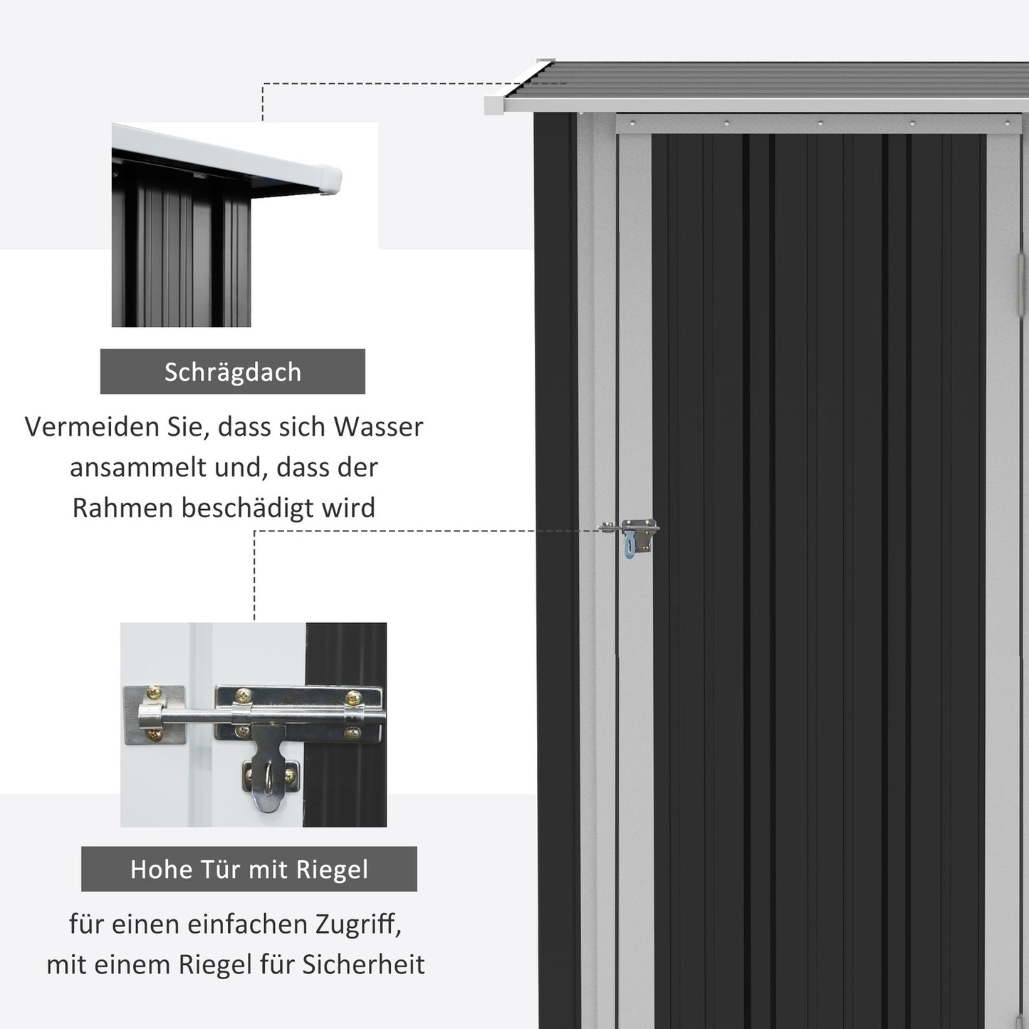 Steel outdoor tool shed with door, dark gray - 142 x 84 x 189 cm