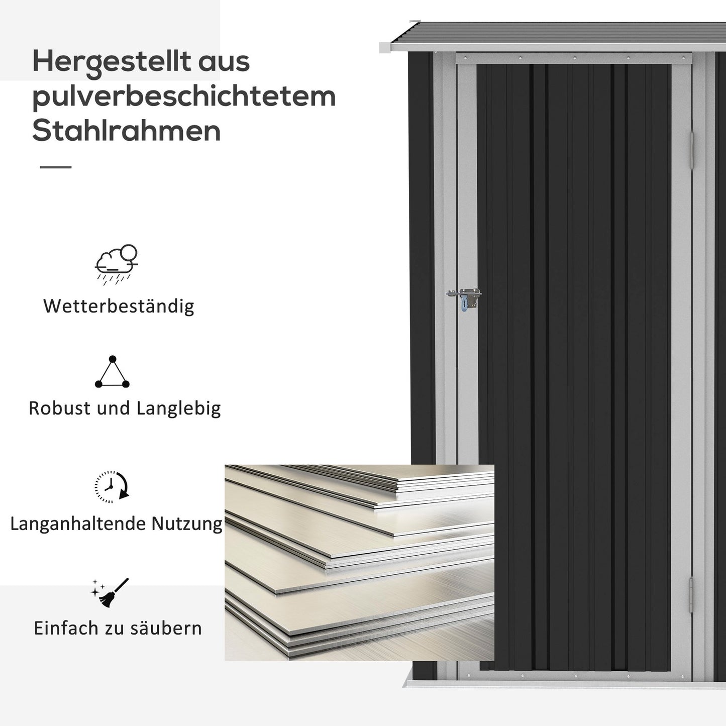 Steel outdoor tool shed with door, dark gray - 142 x 84 x 189 cm