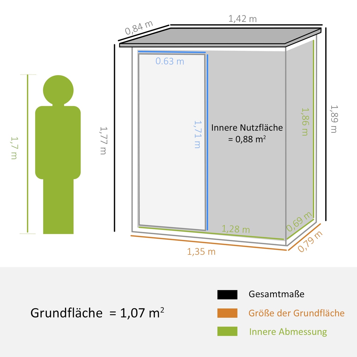 Outdoor tool shed, steel with door, green, 142x84x189 cm