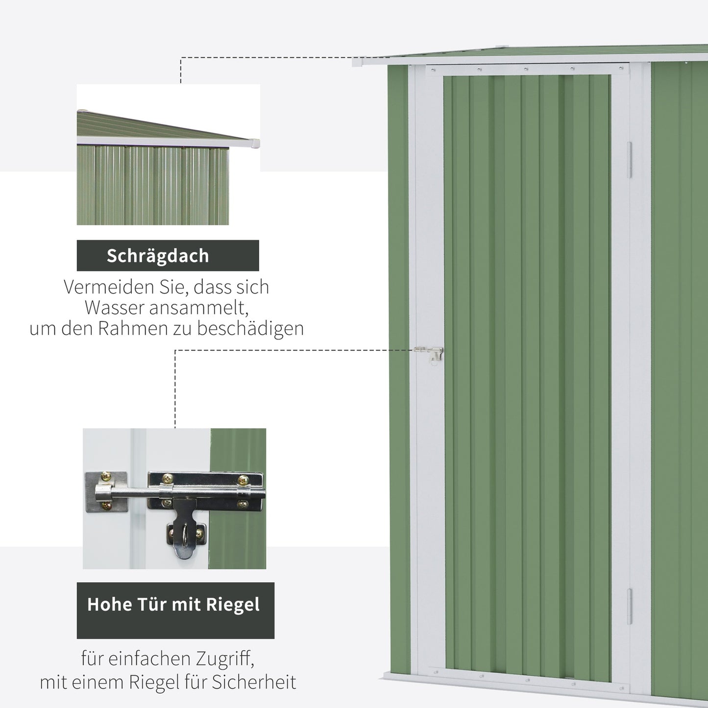 Outdoor tool shed, steel with door, green, 142x84x189 cm