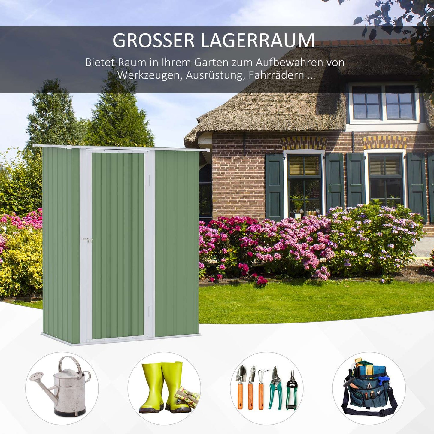 Outdoor tool shed, steel with door, green, 142x84x189 cm