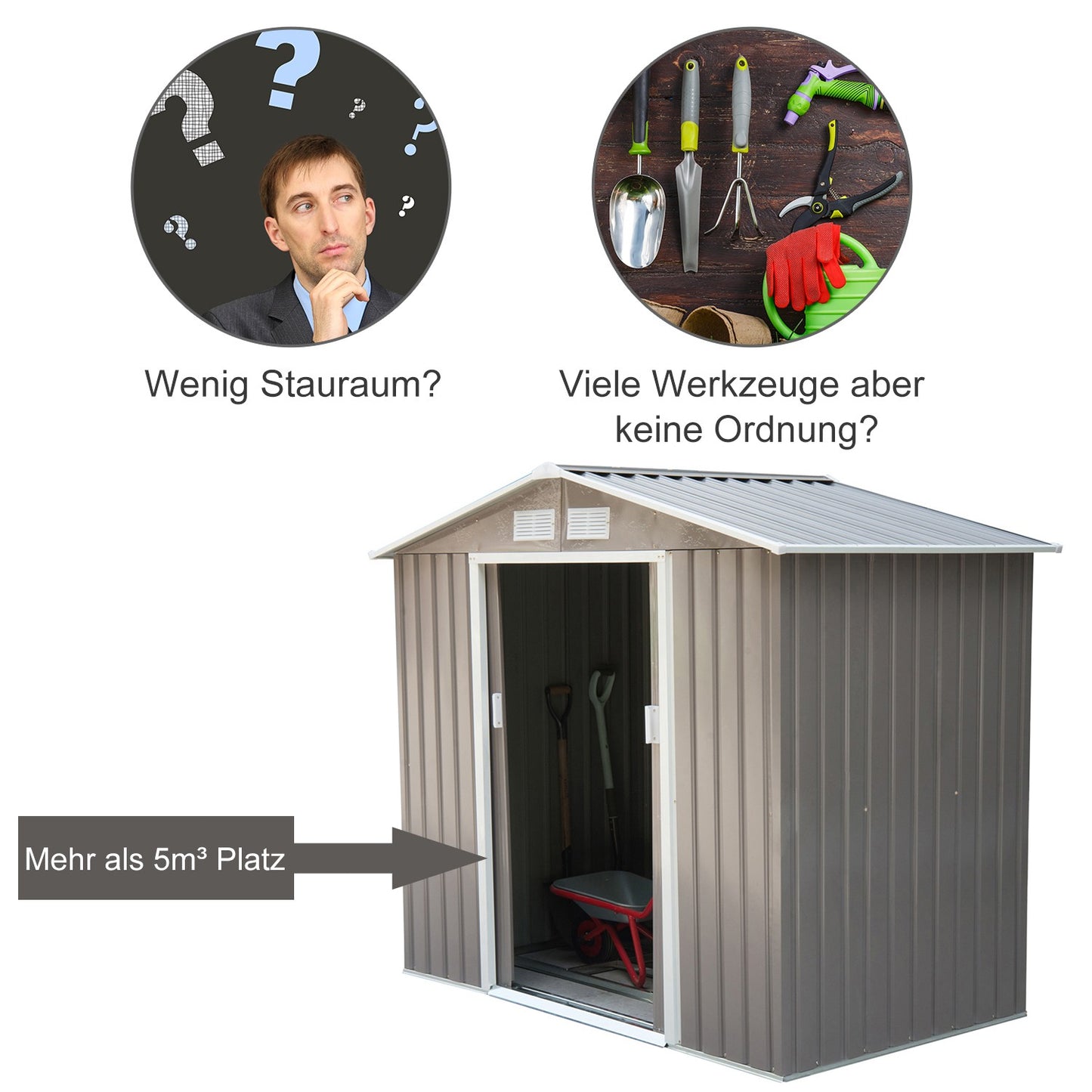 Weatherproof steel garden shed, sliding doors, floor frame