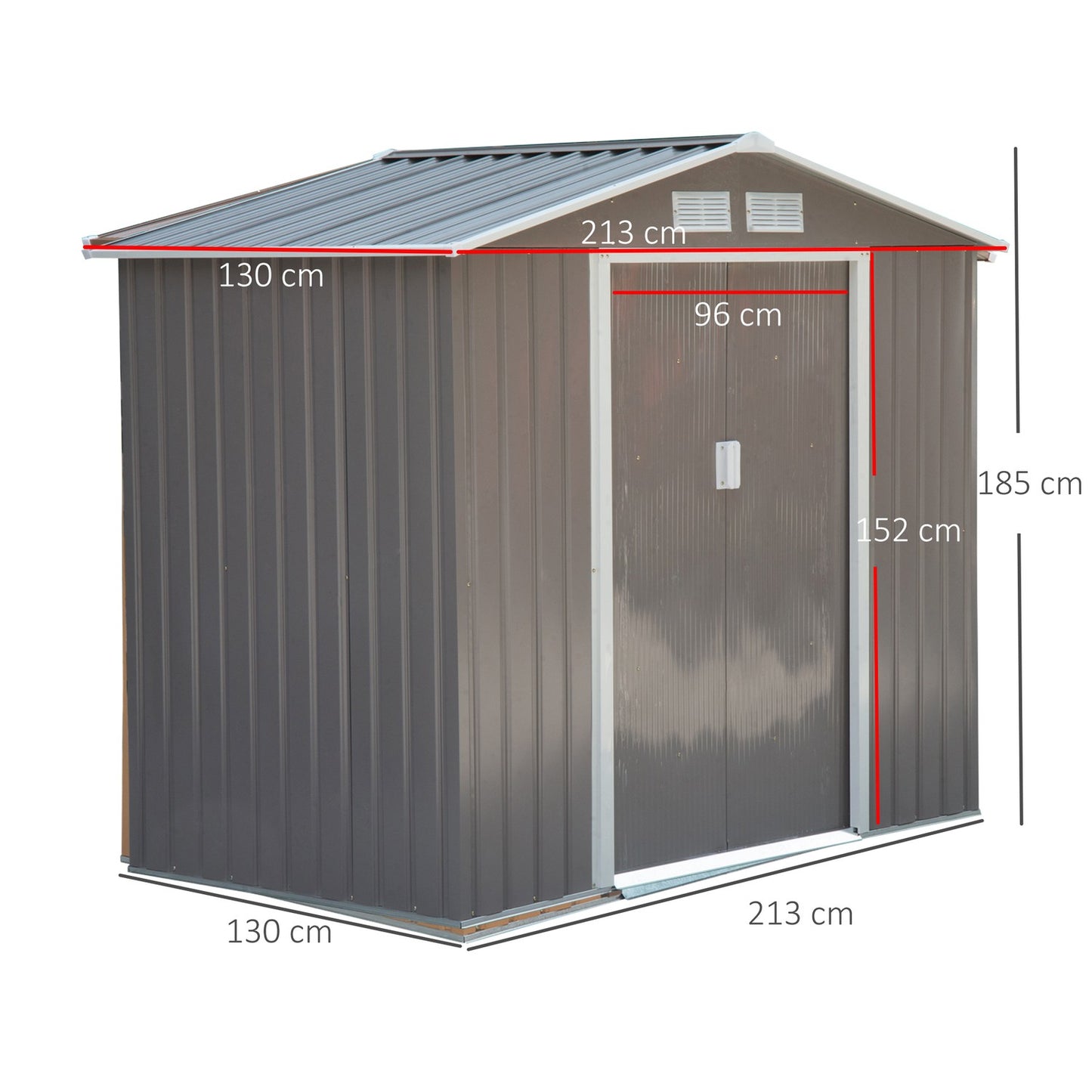 Weatherproof steel garden shed, sliding doors, floor frame