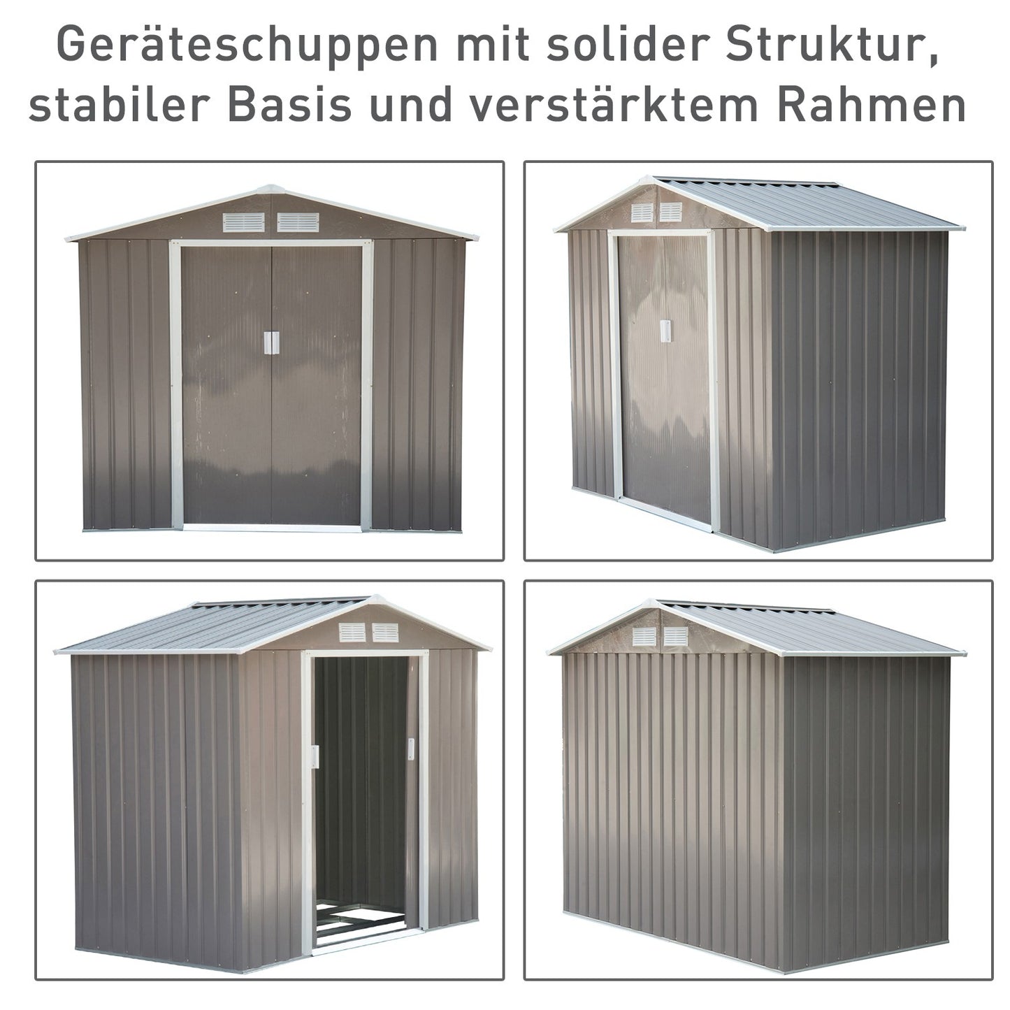 Weatherproof steel garden shed, sliding doors, floor frame