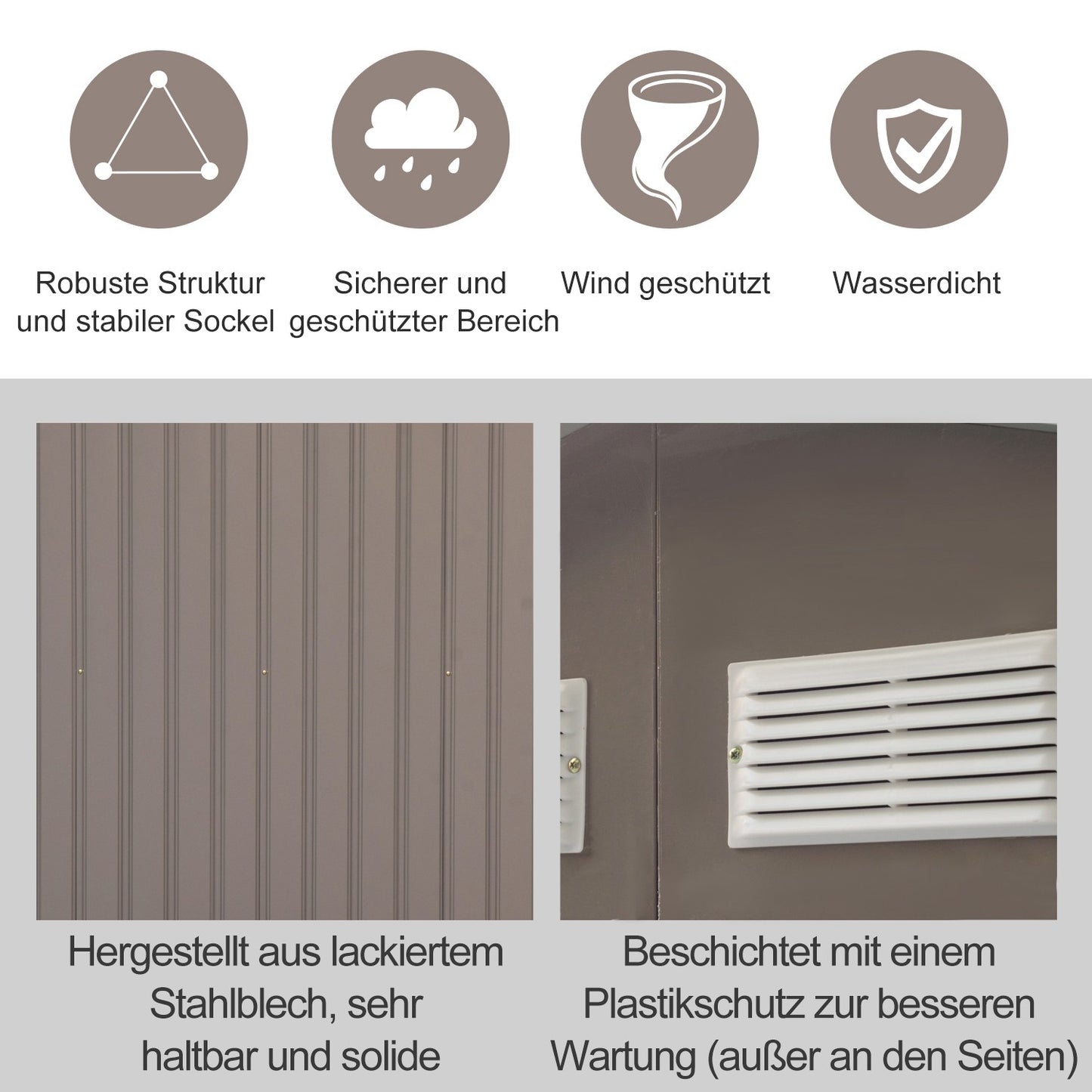 Weatherproof steel garden shed, sliding doors, floor frame