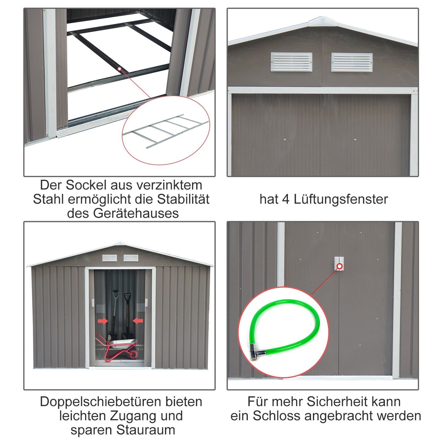 Weatherproof steel garden shed, sliding doors, floor frame