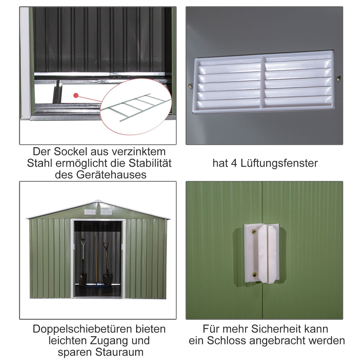 Metal tool shed with foundation, light green, 277x195x192 Cm