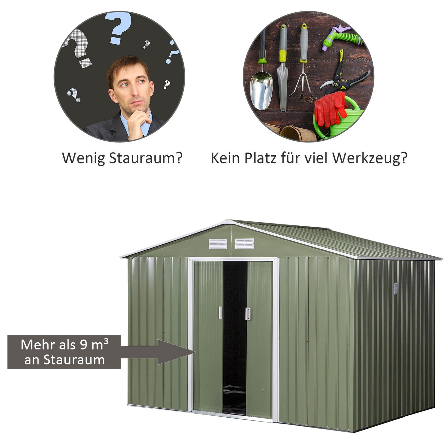 Metal tool shed with foundation, light green, 277x195x192 Cm