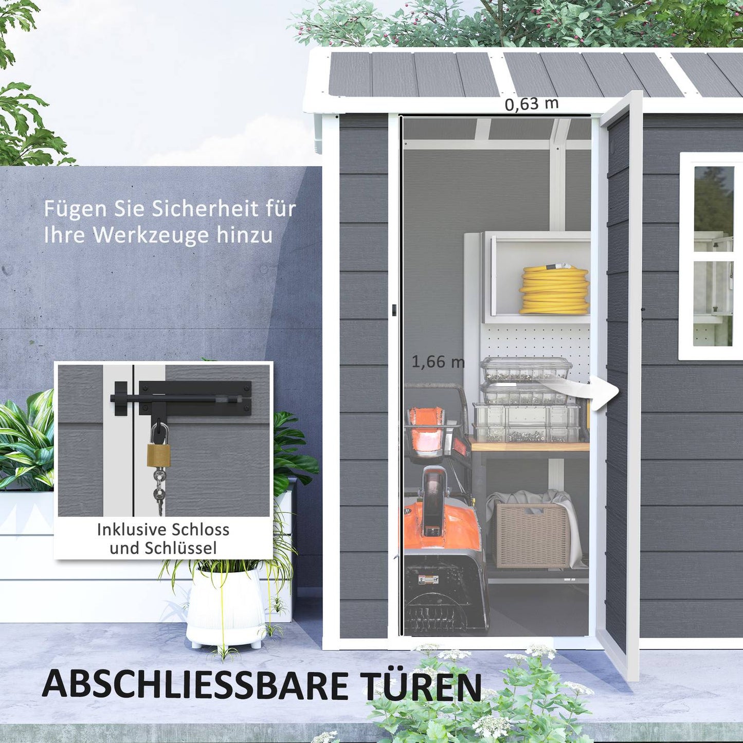 Plastic garden shed, 2.1 m² - Lockable, weatherproof, gray