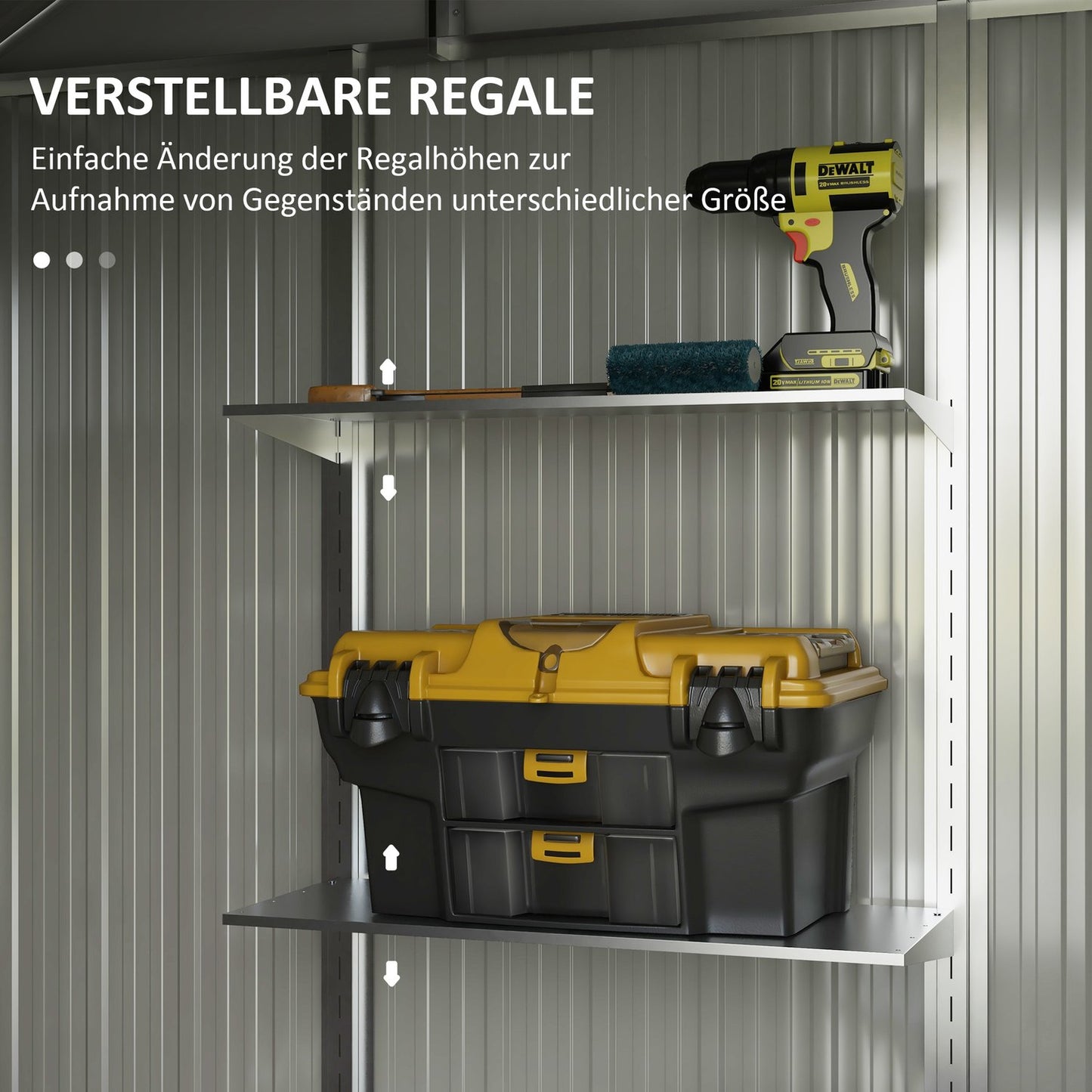 Tool shed in steel with UV protection, sliding doors - dark grey