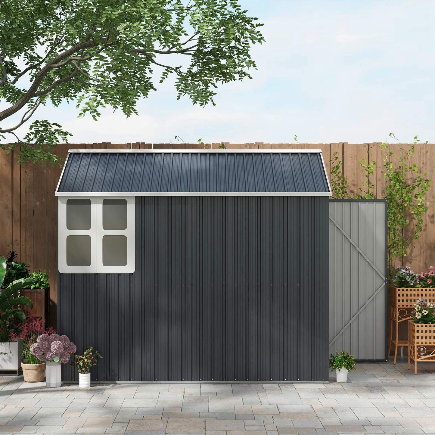 Steel garden tool shed, 4㎡ with window and lock, dark grey