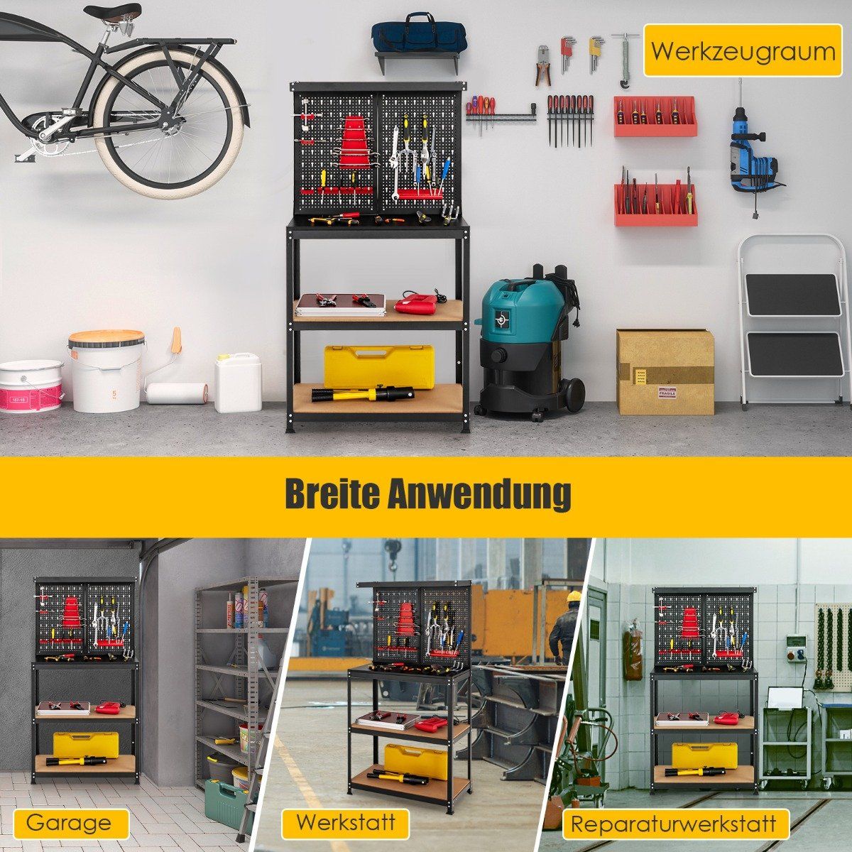 Tool Storage Workbench with Pegboard & 2 Shelves, 81x41x155 cm