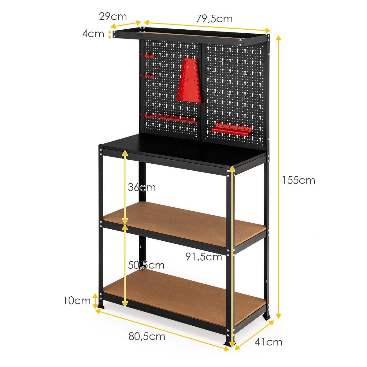 Tool Storage Workbench with Pegboard & 2 Shelves, 81x41x155 cm