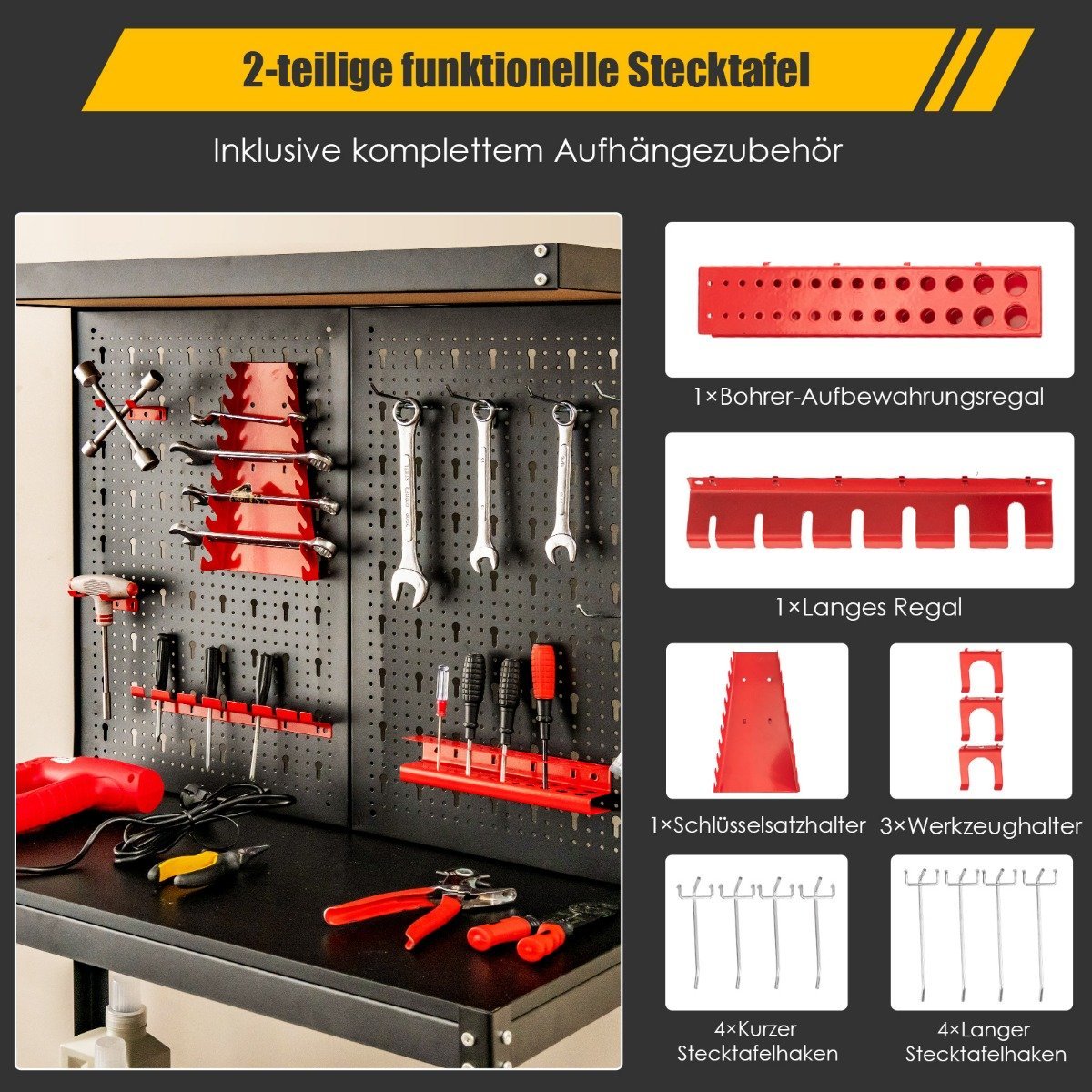 Tool Storage Workbench with Pegboard & 2 Shelves, 81x41x155 cm