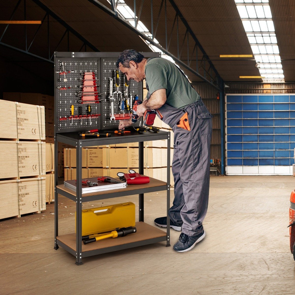 Tool Storage Workbench with Pegboard & 2 Shelves, 81x41x155 cm