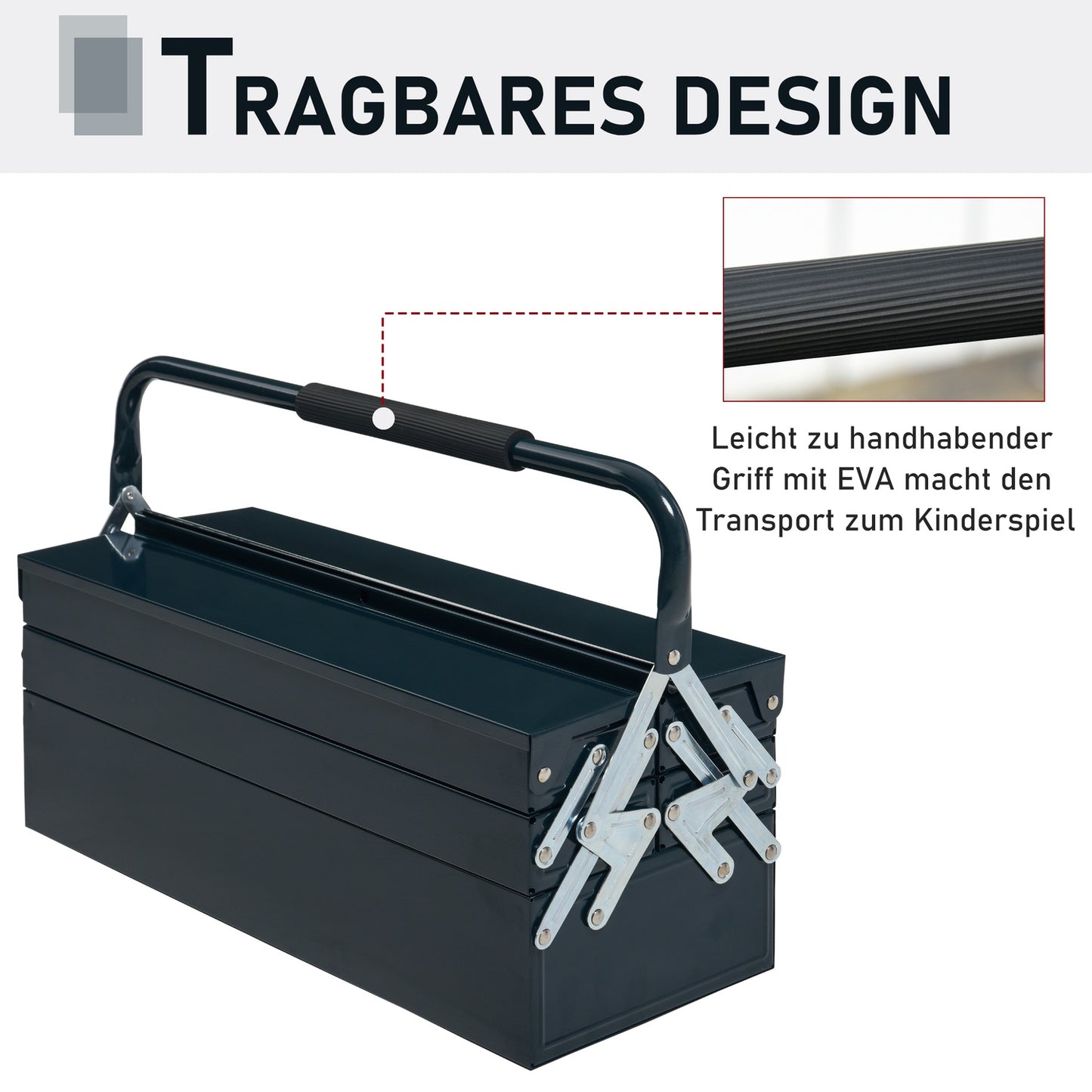 Collapsible steel toolbox, 5 compartments, dark green, 57x21x41 cm