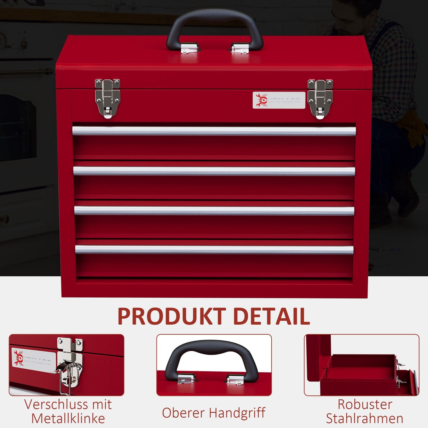 Steel tool box with lock, 4 drawers, top storage, 51 cm