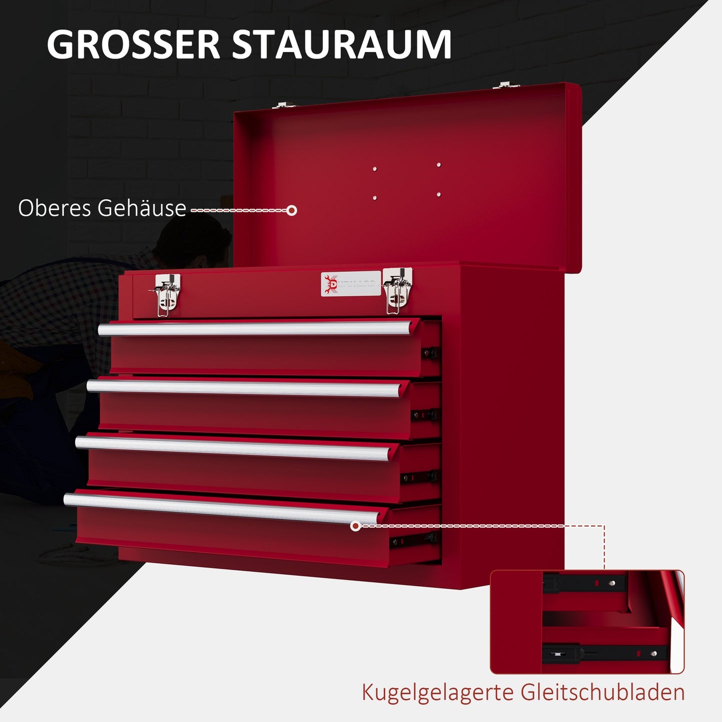 Steel tool box with lock, 4 drawers, top storage, 51 cm