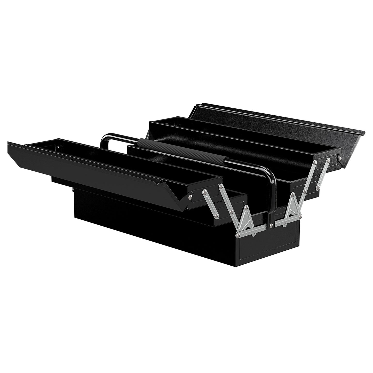 Folding tool box in steel, 5 compartments, black, 56x20x41 cm