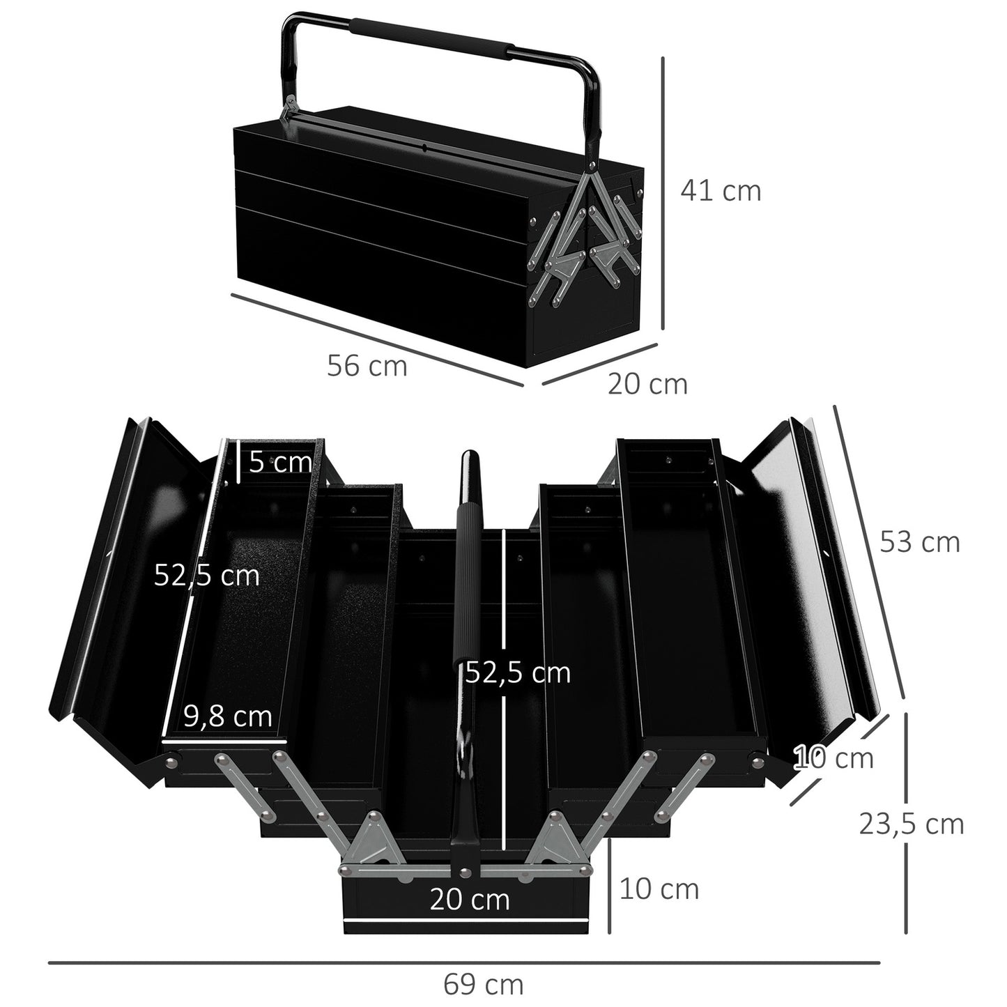 Folding tool box in steel, 5 compartments, black, 56x20x41 cm