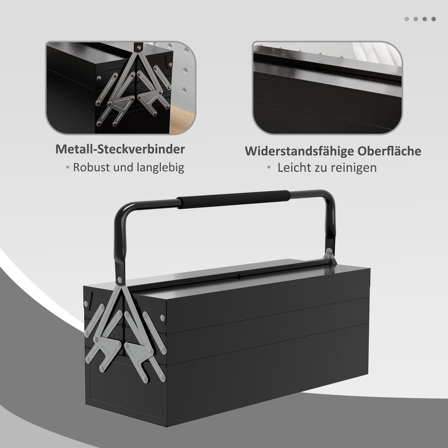 Folding tool box in steel, 5 compartments, black, 56x20x41 cm
