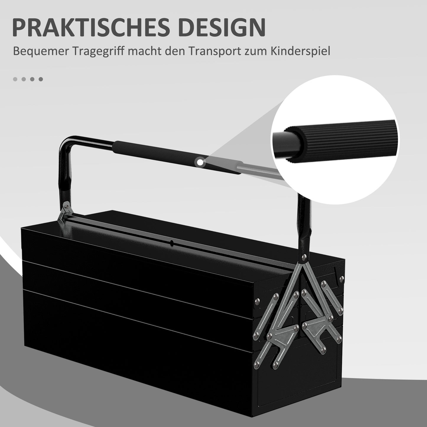 Folding tool box in steel, 5 compartments, black, 56x20x41 cm