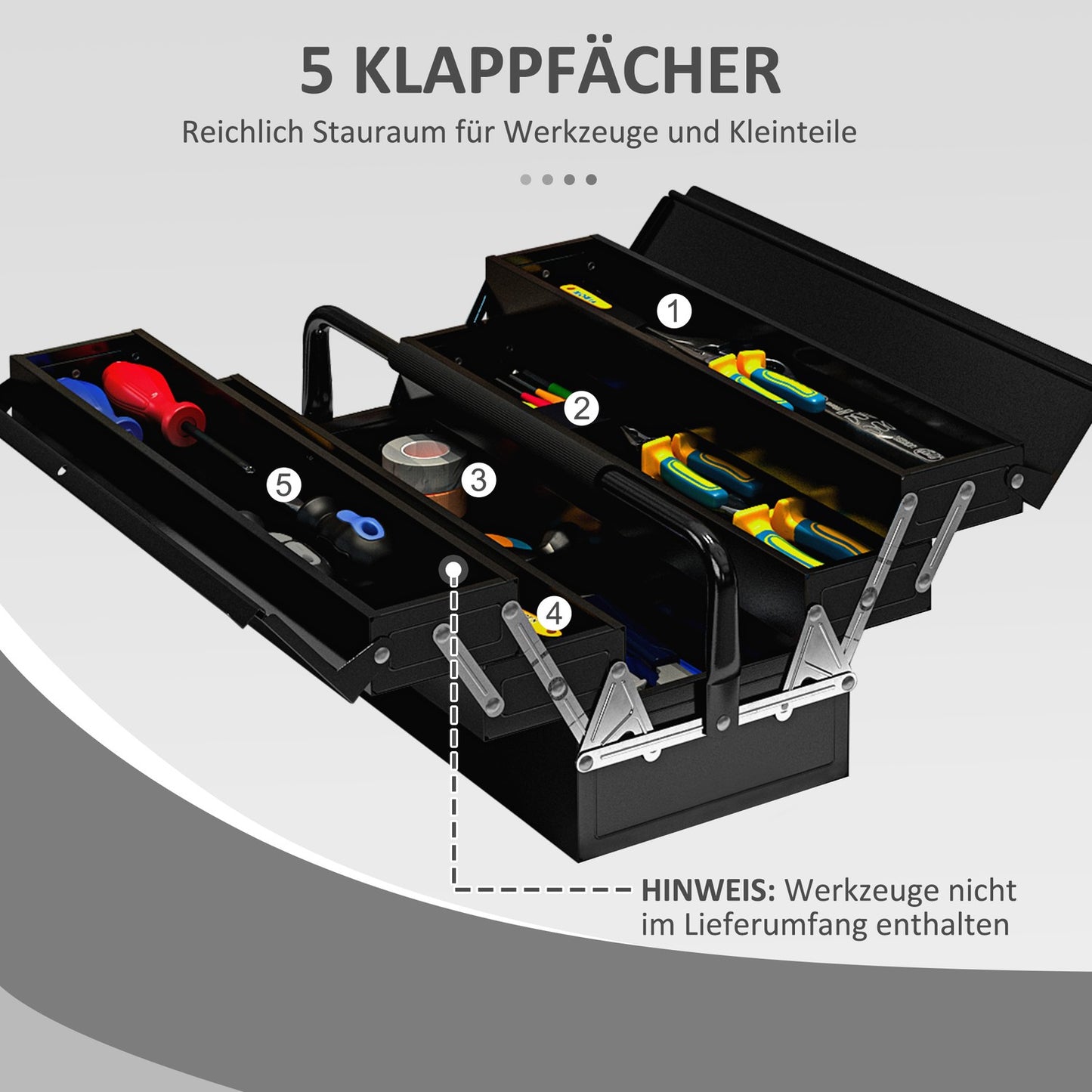 Folding tool box in steel, 5 compartments, black, 56x20x41 cm