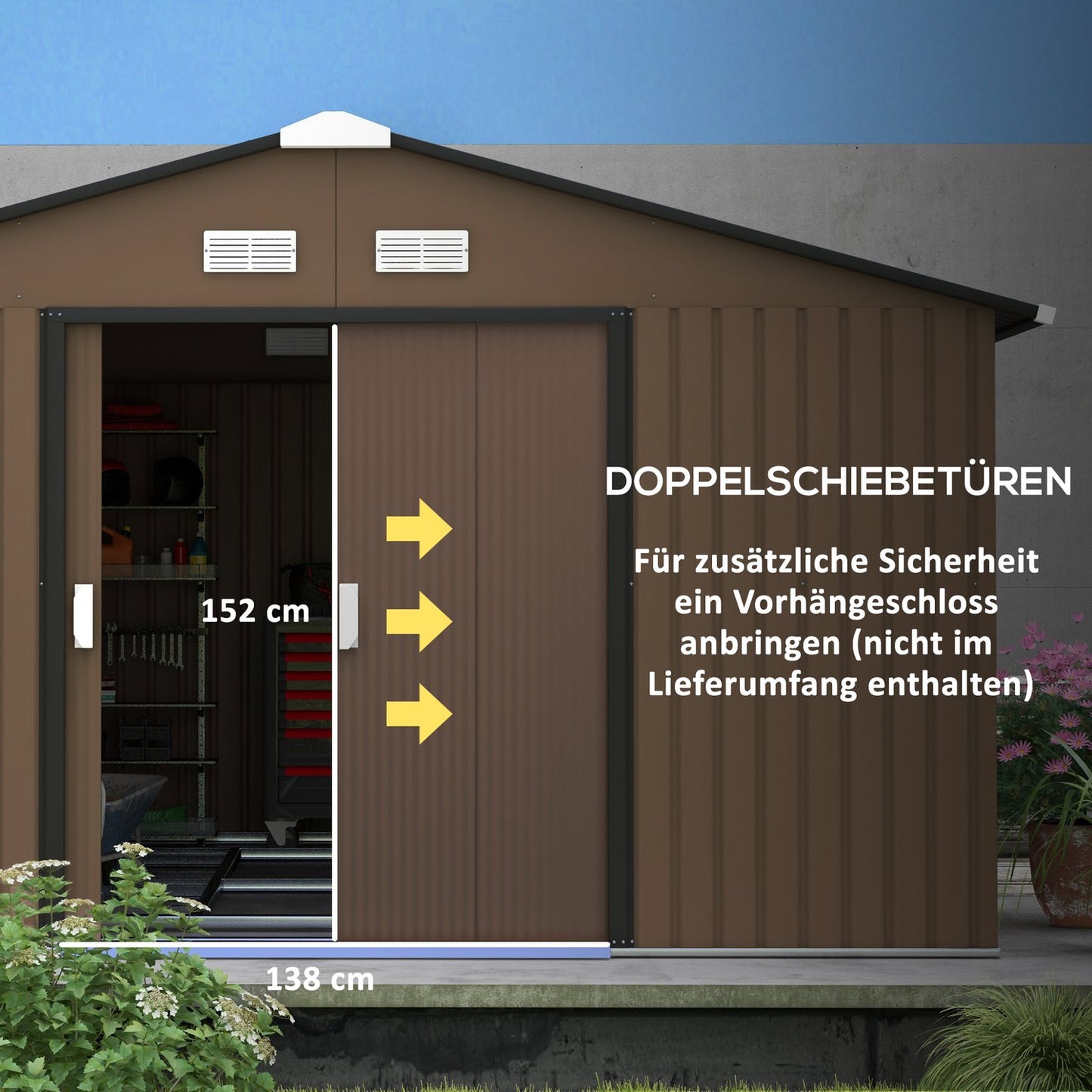 Garden tool shed, 12.4 m², steel, weatherproof, brown