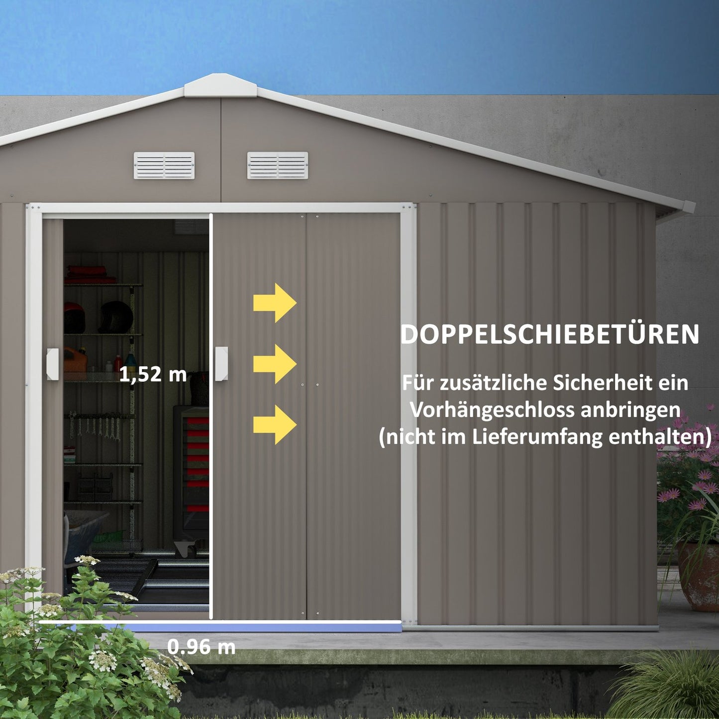 Garden shed, weatherproof steel, 12.4 m², sliding door