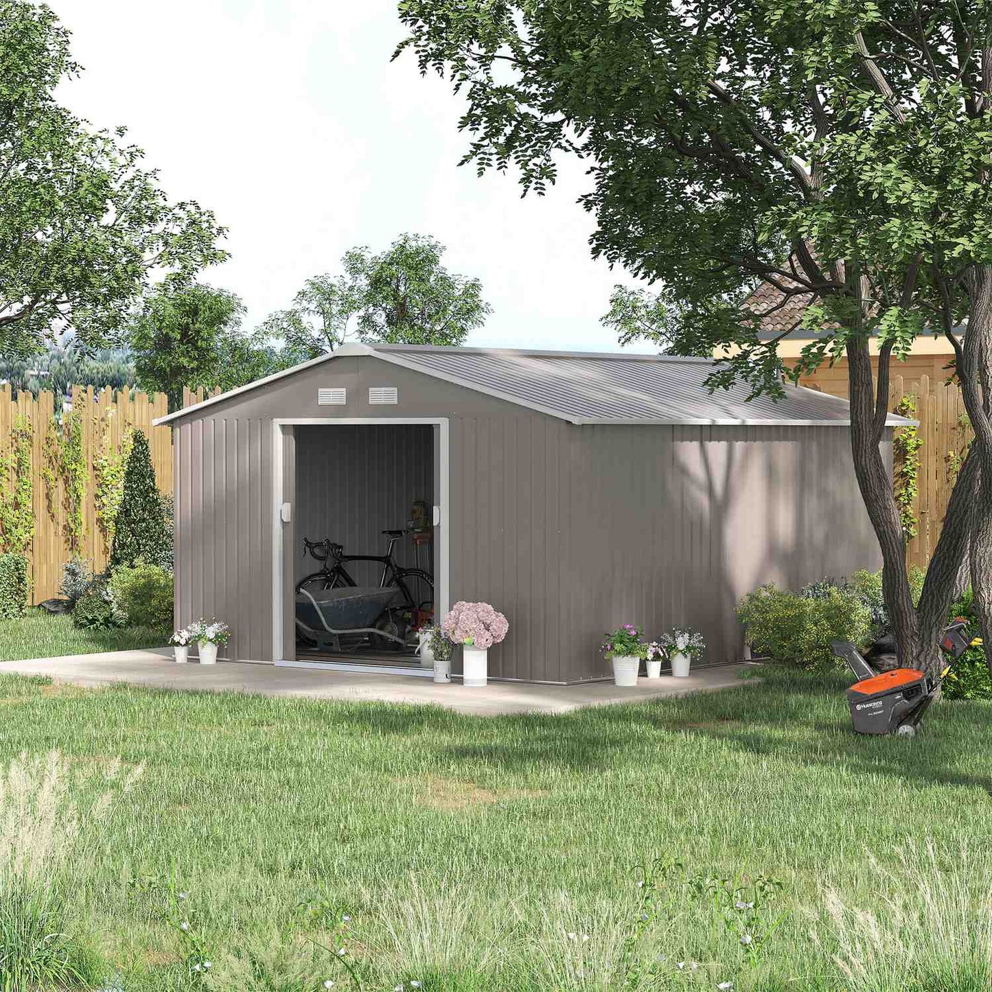 Garden shed, weatherproof steel, 12.4 m², sliding door