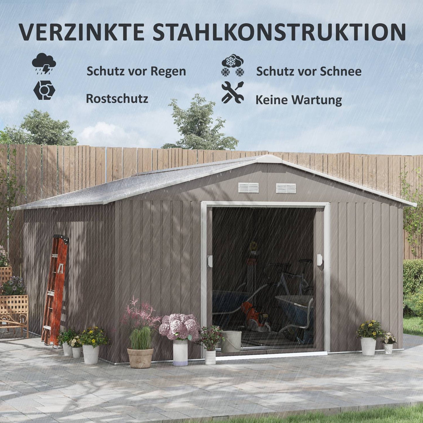 Garden shed, weatherproof steel, 12.4 m², sliding door