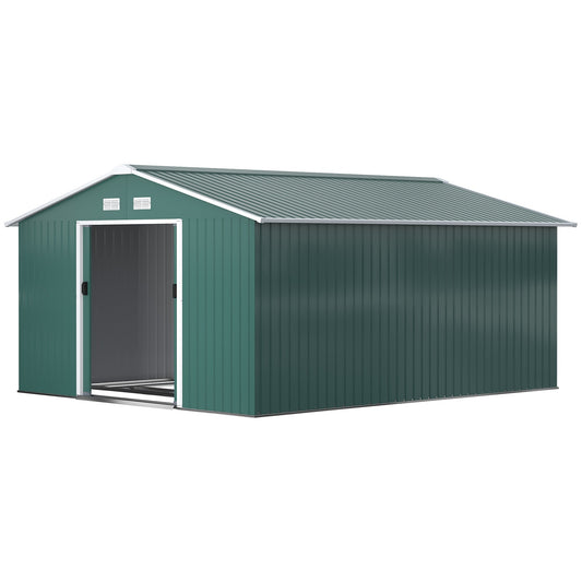 Garden shed in dark green galvanized steel, 12.4 m², weatherproof