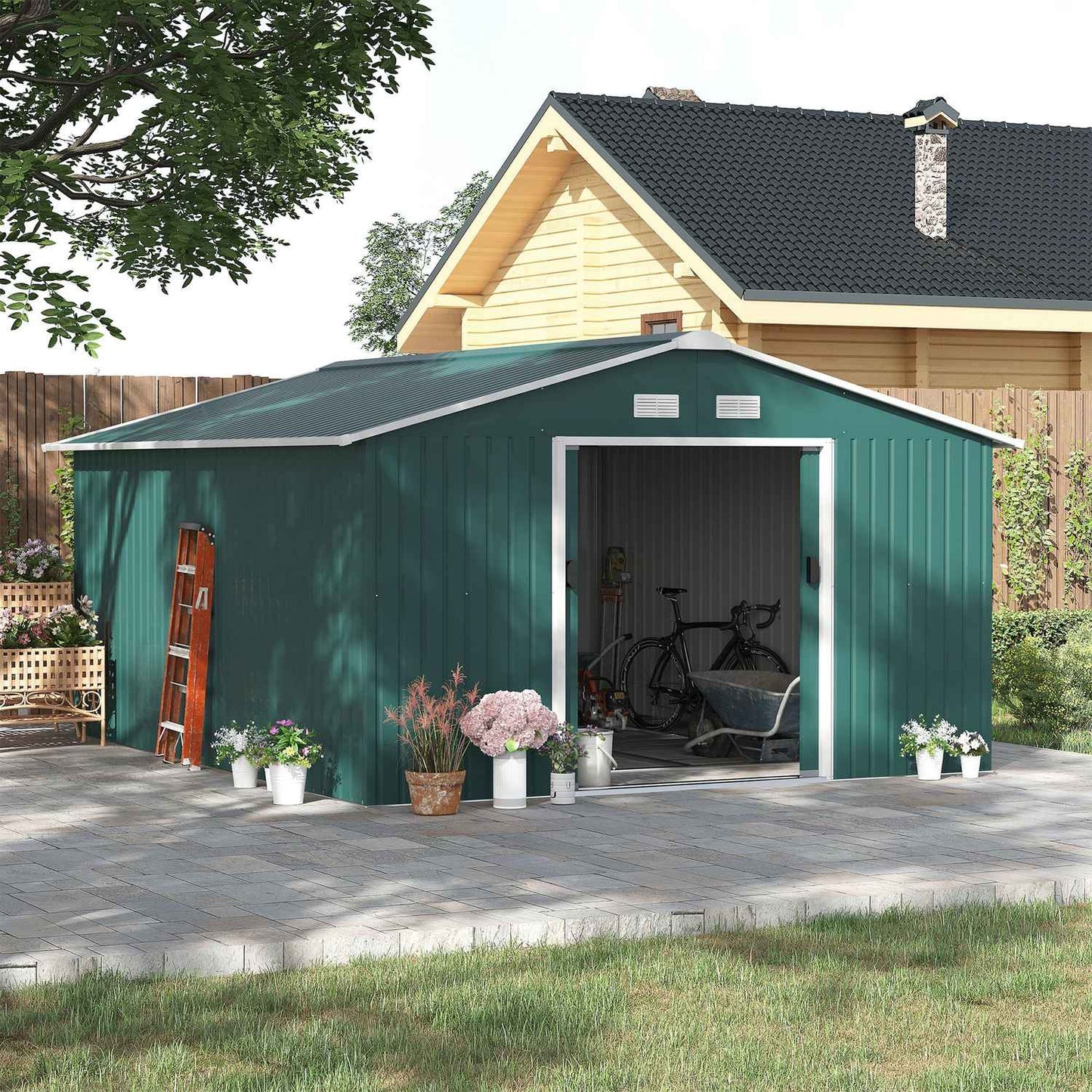 Garden shed in dark green galvanized steel, 12.4 m², weatherproof