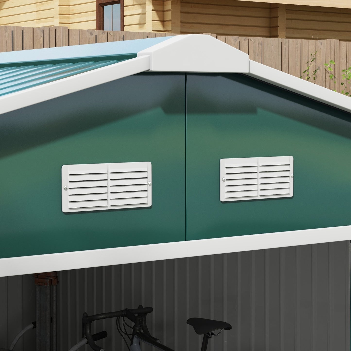 Garden shed in dark green galvanized steel, 12.4 m², weatherproof