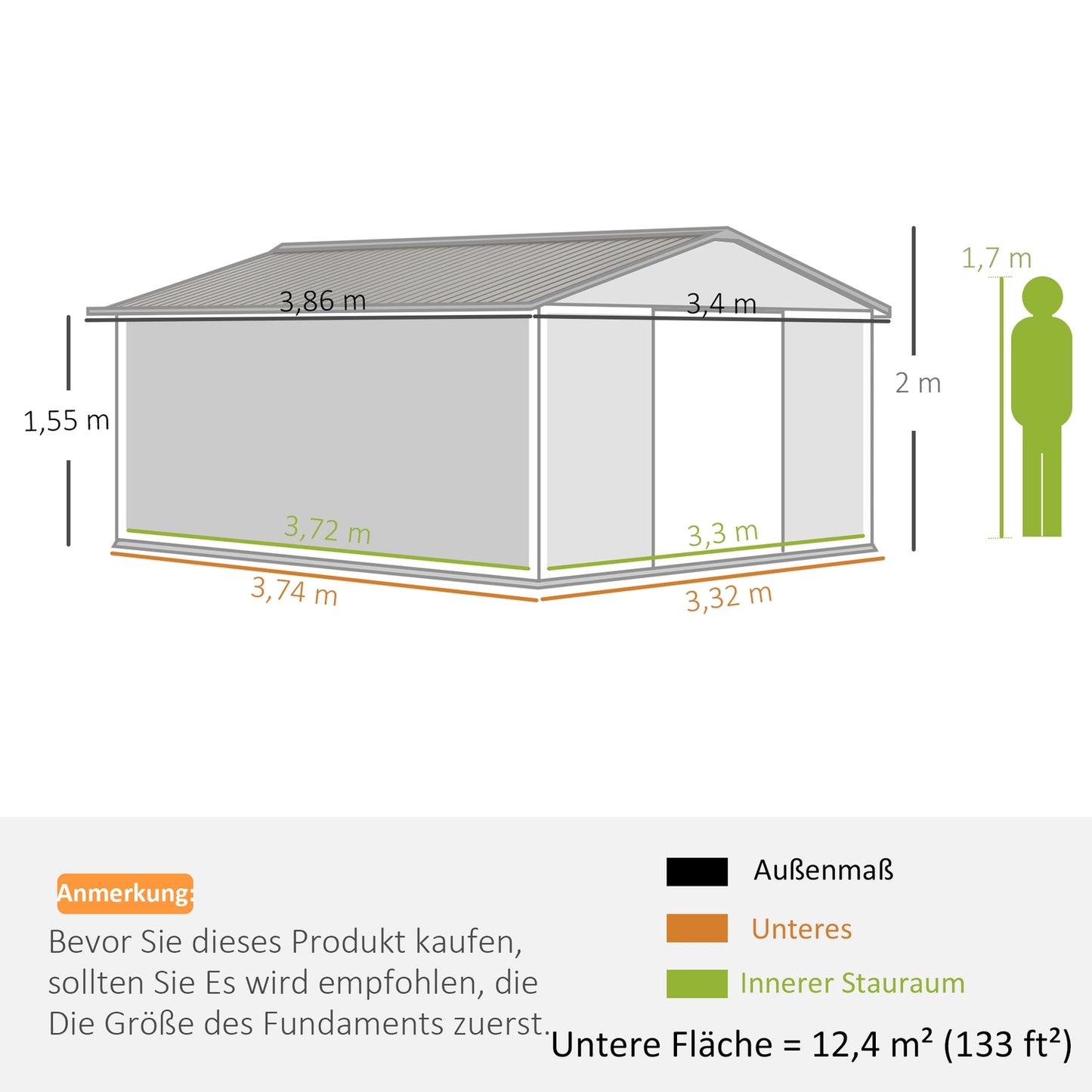 Garden shed in dark green galvanized steel, 12.4 m², weatherproof