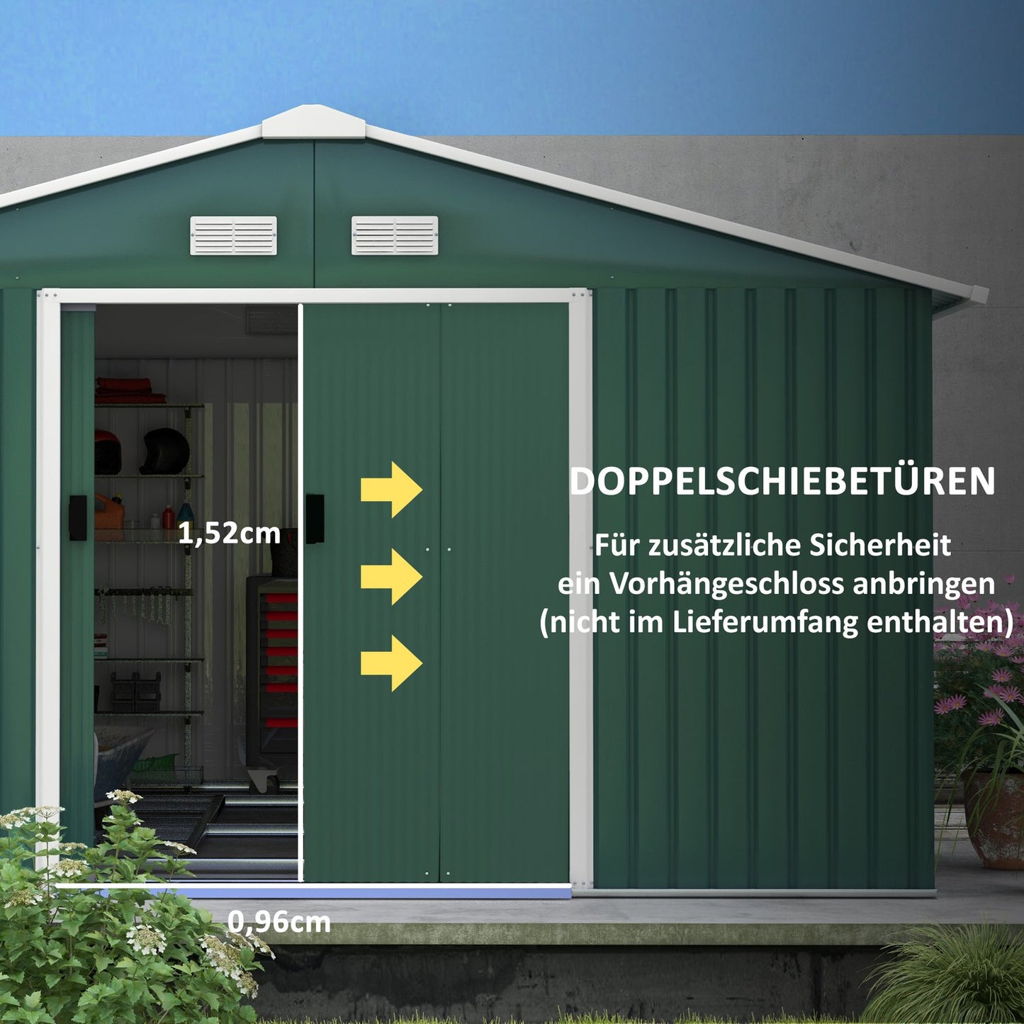 Garden shed in dark green galvanized steel, 12.4 m², weatherproof
