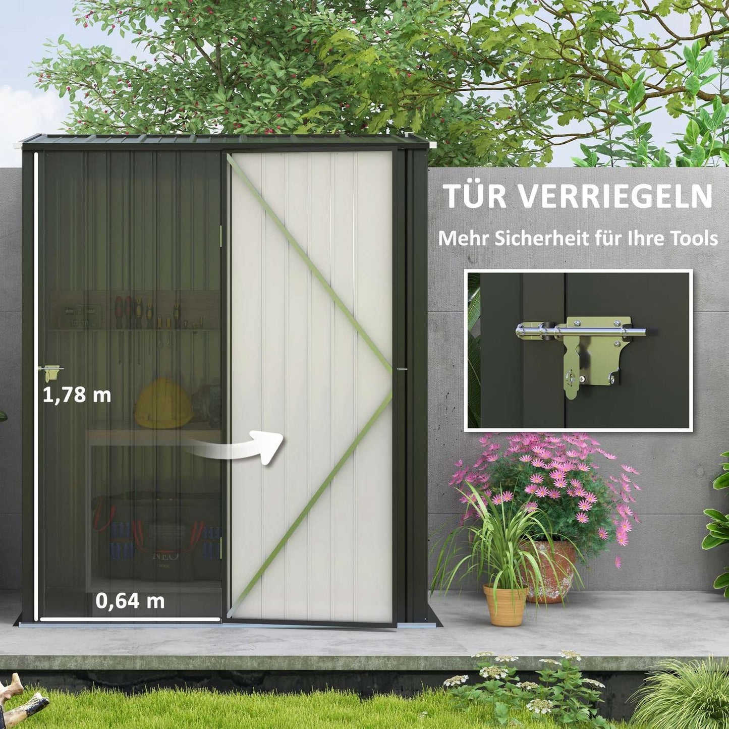 Lockable steel garden shed 1.34m² - Black, pitched roof