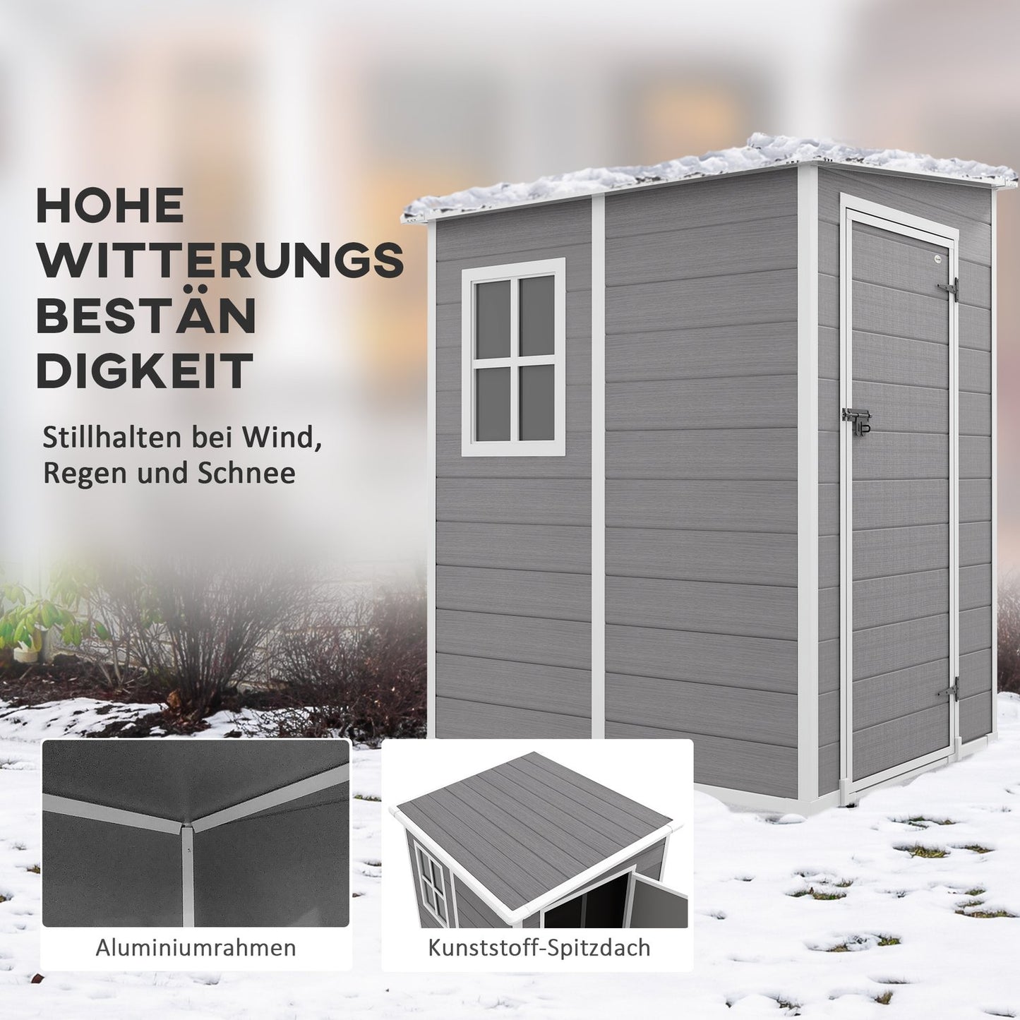 Aluminum tool shed with roof and lockable door, gray