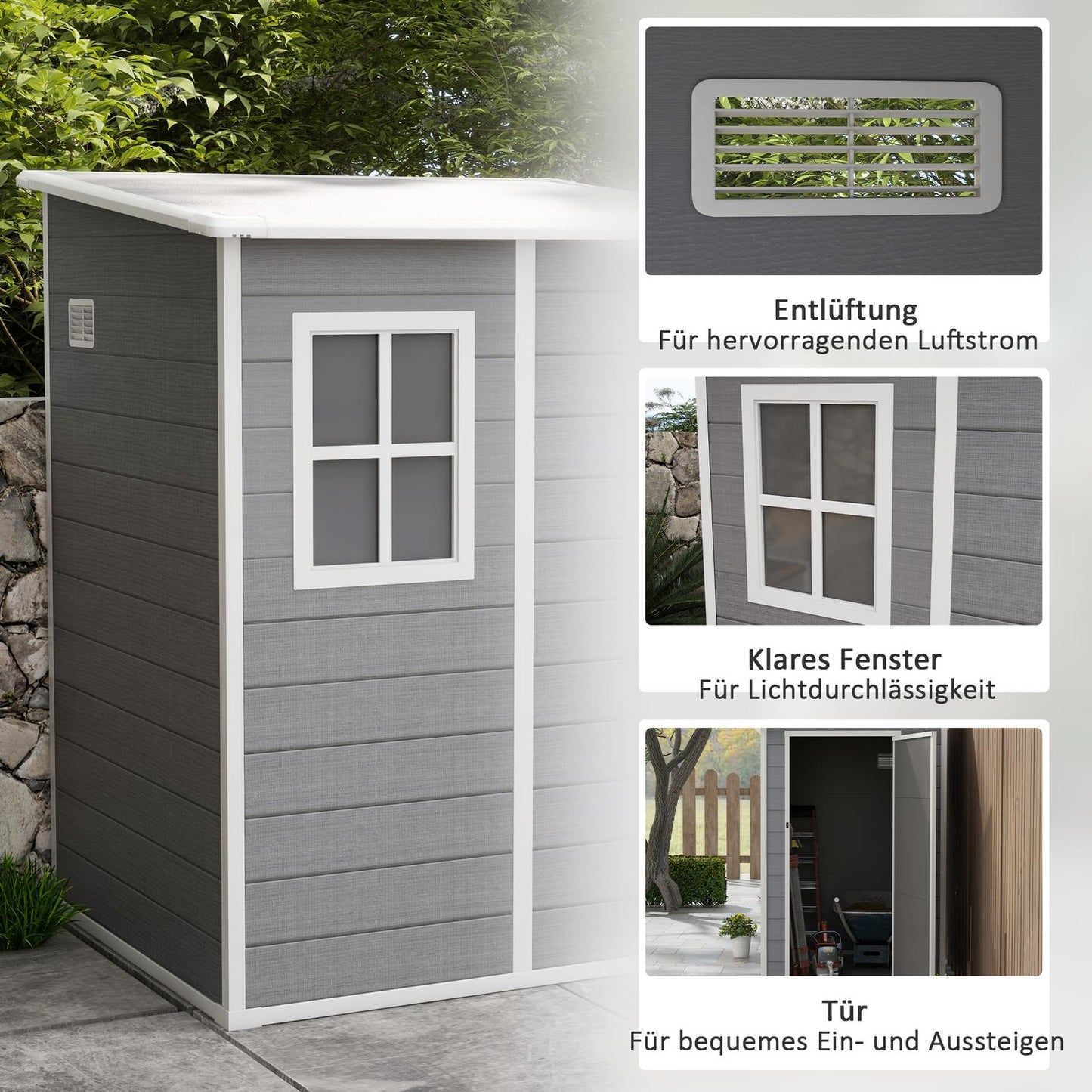 Aluminum tool shed with roof and lockable door, gray